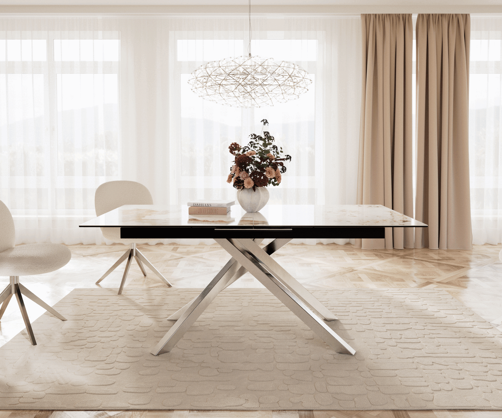 Table à manger Edge 180-220x100 céramique Minas mélange blanc-beige cadre croisé rectangulaire acier inoxydable extensible 1