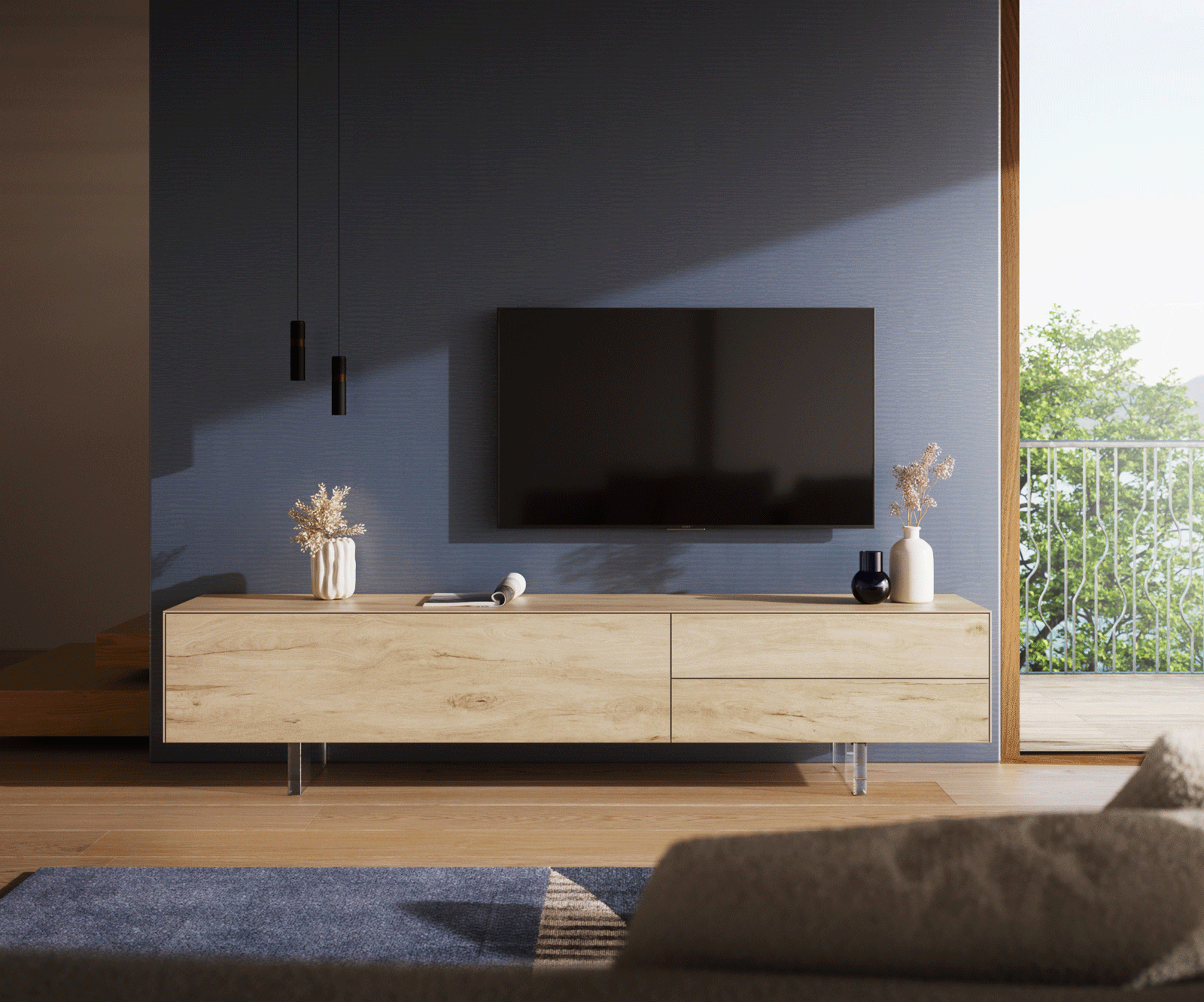 Meuble-TV Cuor 220 cm Céramique Laminam® Sabbia Teinte chêne 1 Clapet 2 Tiroirs Pied optique flottant Verre acrylique 2