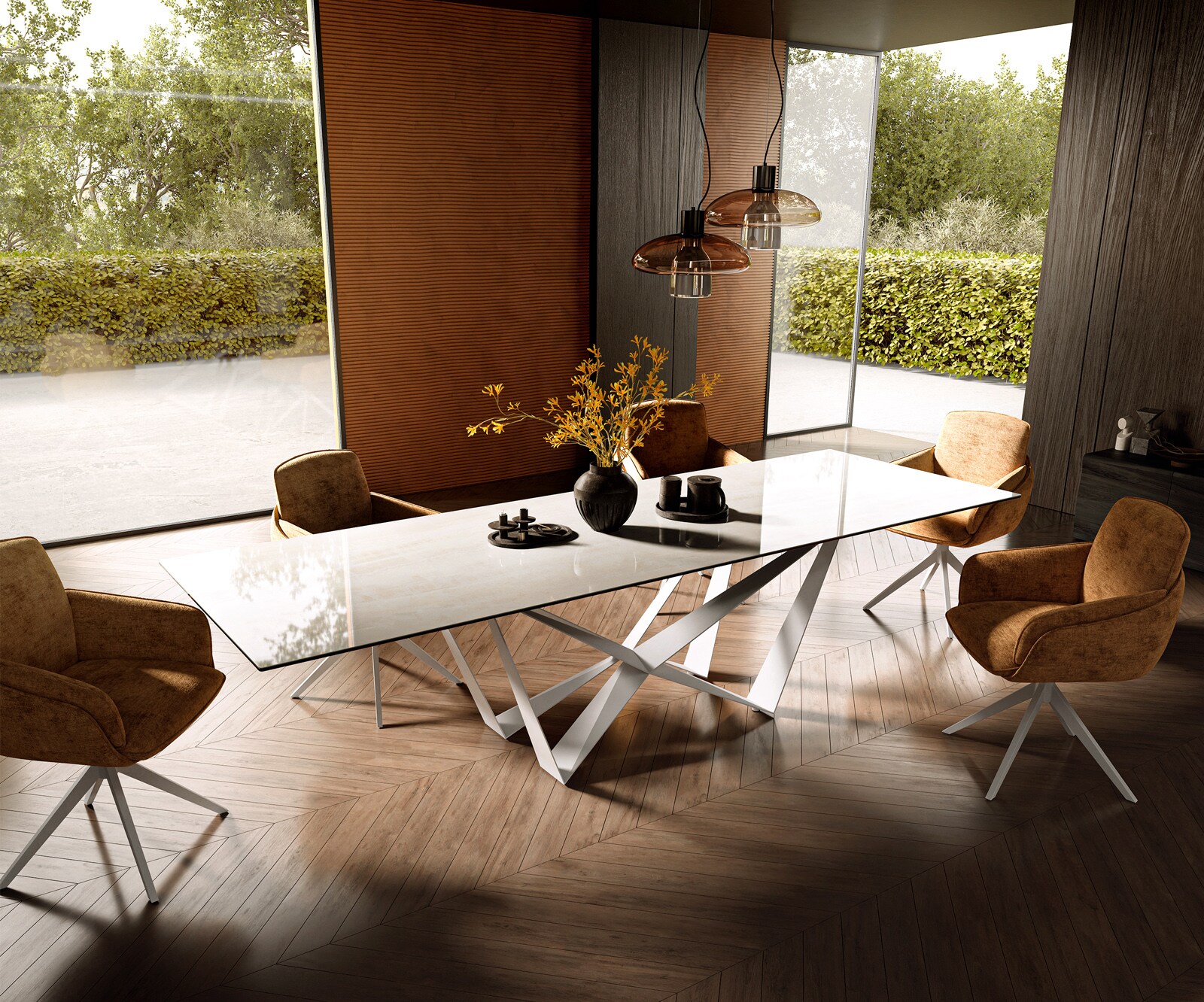 Table à manger Edge 300x100 cm céramique Onyx Champagne Spider métal blanc 7