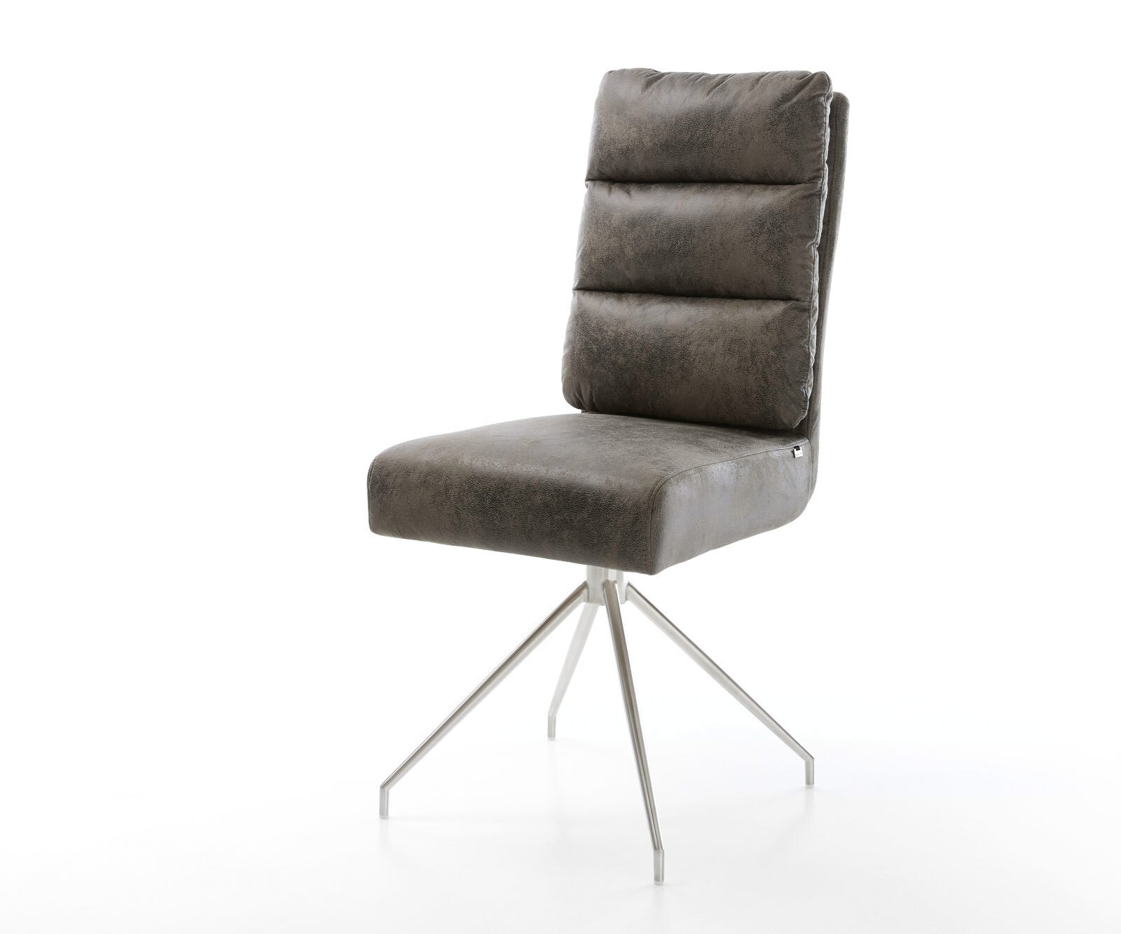 Chaise-de-salle-à-manger Pela-Flex microvelours gris antique pied croisé conique acier inoxydable brossé ressorts ensachés