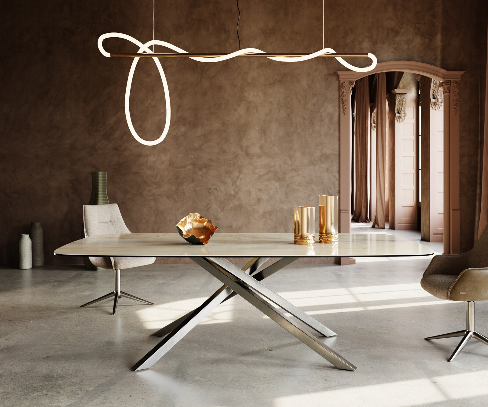 Table à manger Edge Boot 240x120 cm Céramique Iris FMG Onice Oro piètement en croix Rectangle Acier inoxydable 2