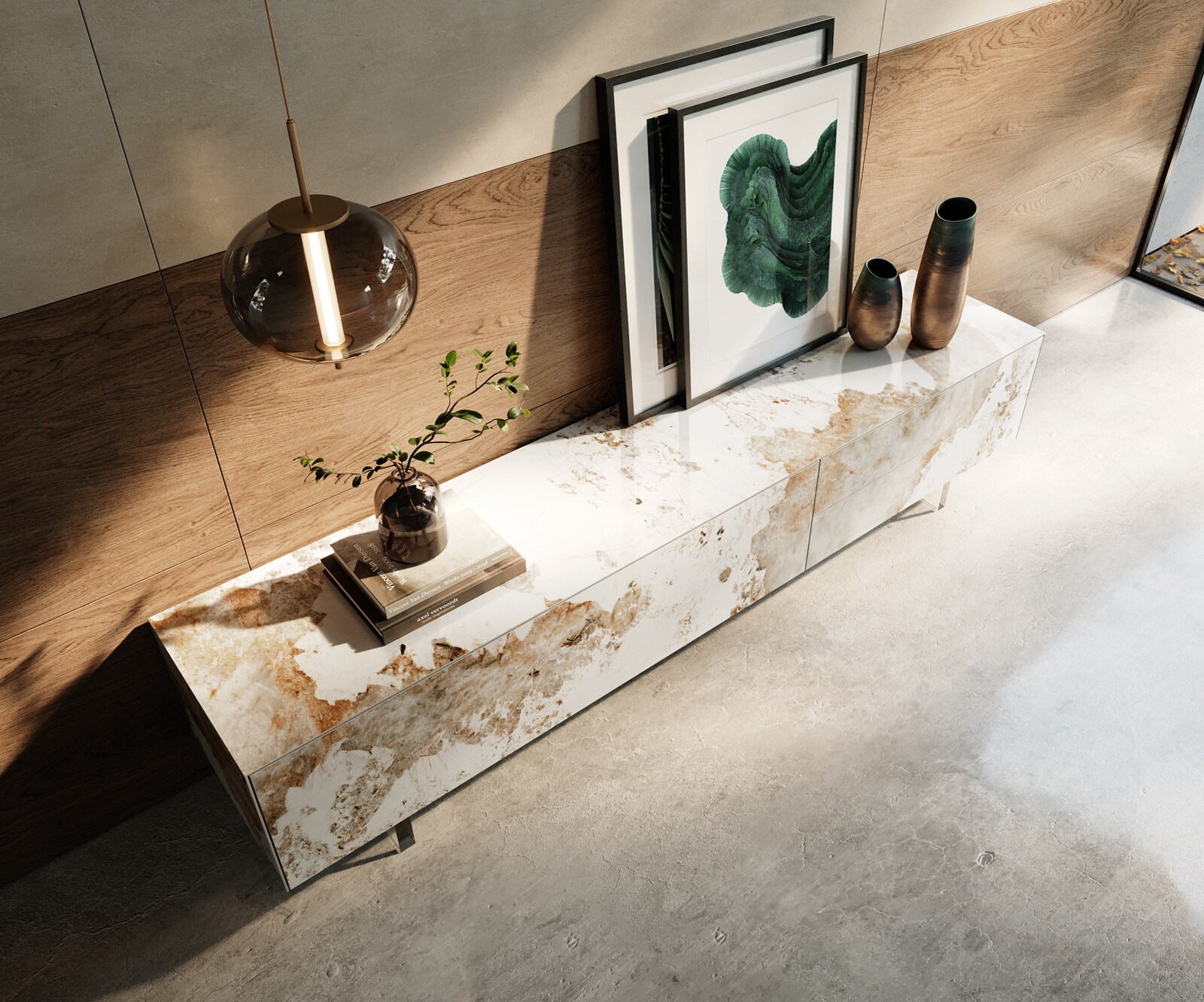 Meuble-TV Cuor 220 cm Céramique Minas Melange Blanc-beige 1 Clapet 2 Tiroirs Pied optique flottant Verre acrylique 4