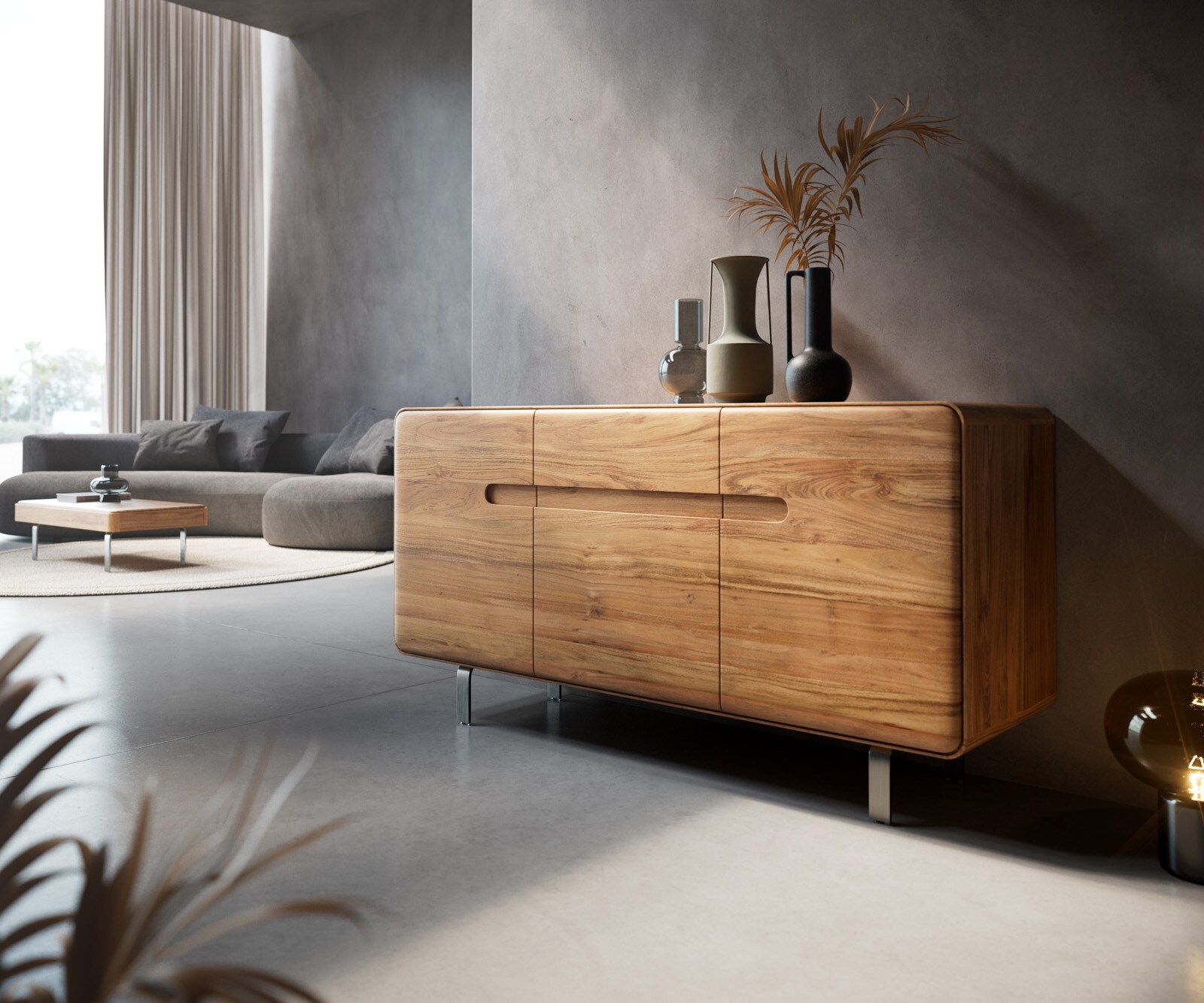 Buffet Anaya 145 cm acacia naturel 3 portes pied en L inox 1