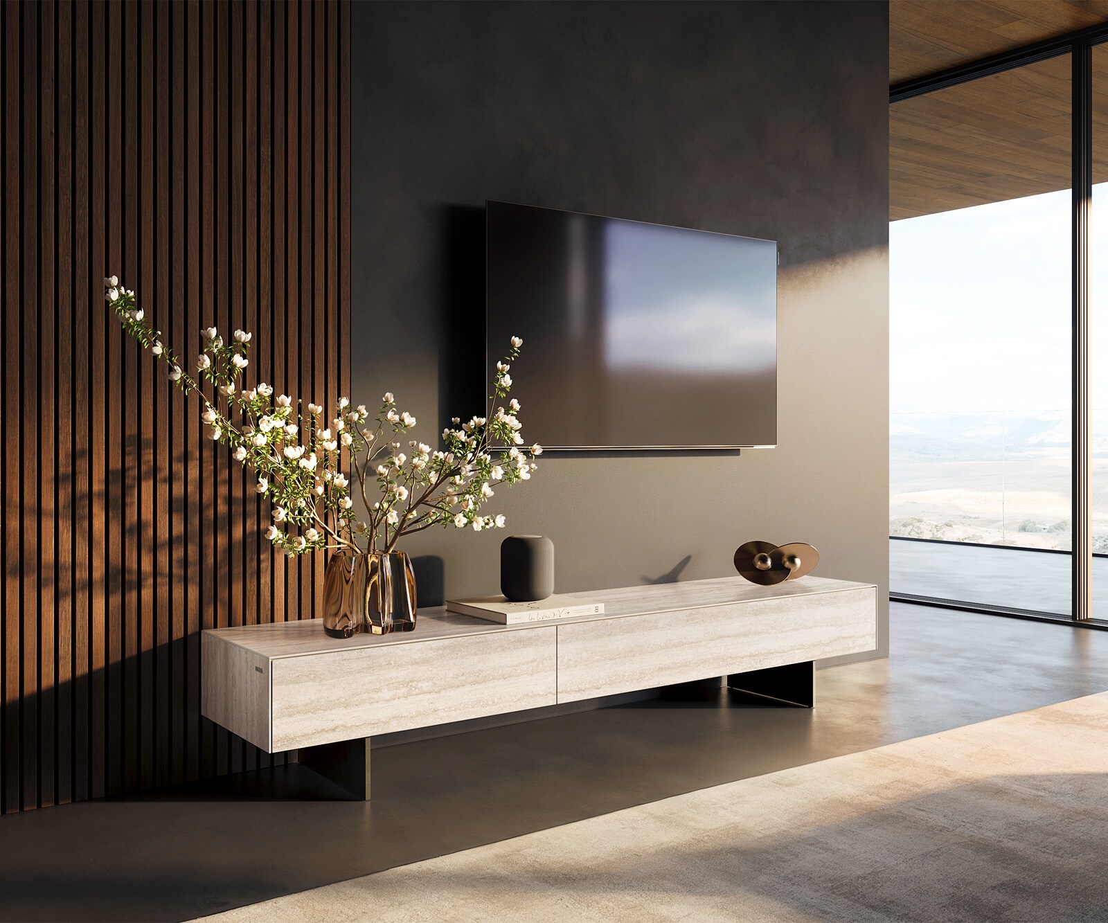 Meuble-TV Cuor 200 cm Céramique Laminam® Travertino Bianco Crème-blanc 1 Clapet 1 Tiroir Pied optique flottant Métal Noir
