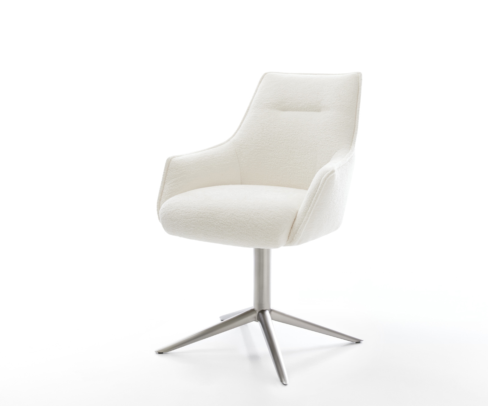 Chaise-pivotante Alja-Flex avec accoudoirs bouclé doux beige pied de chaise 4 branches acier inoxydable pivotement sur 360° fonction bascule resorts ensachés
