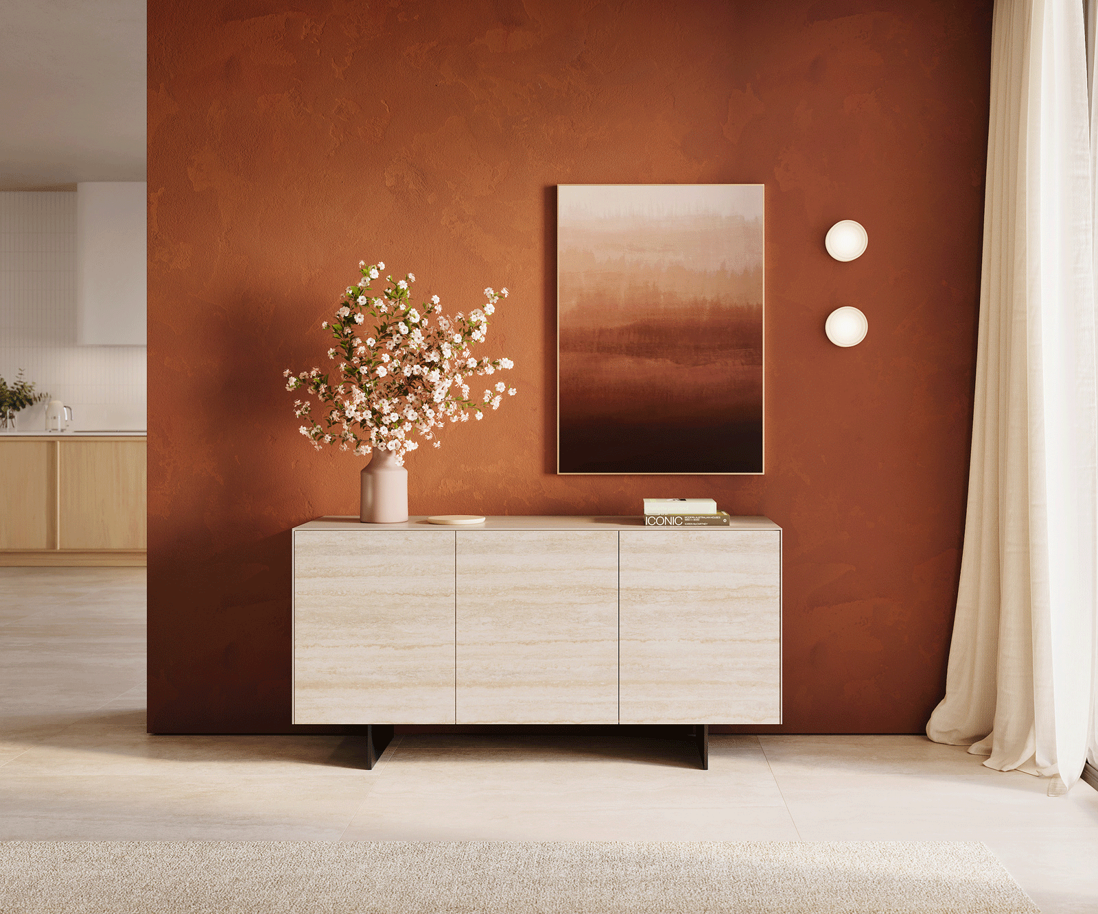 Buffet Cuor 150 cm Céramique Laminam® Travertino Bianco Crème-blanc 3 Portes Pied optique flottant Métal Noir 1