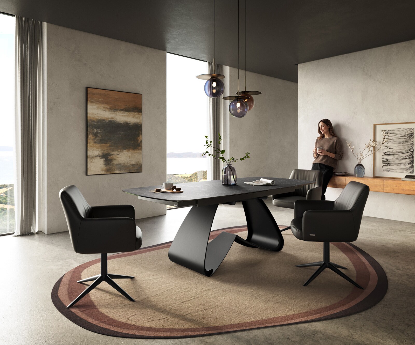 Table à manger Edge Boot 180-220x100 cm Céramique Laminam® Nero Greco Anthracite piètement en W Noir extensible 6