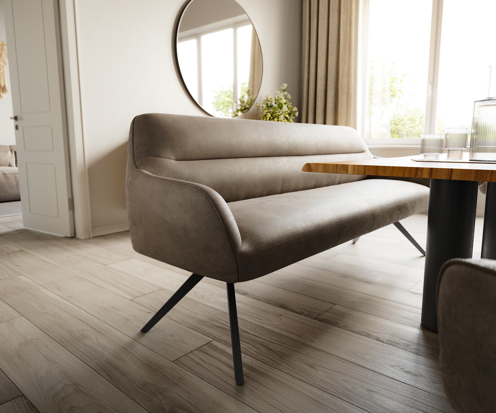 Banc-de-salle-à-manger Taya-Flex 200 cm microfibre taupe vintage pied croisé angulaire noir ressort ensaché 4