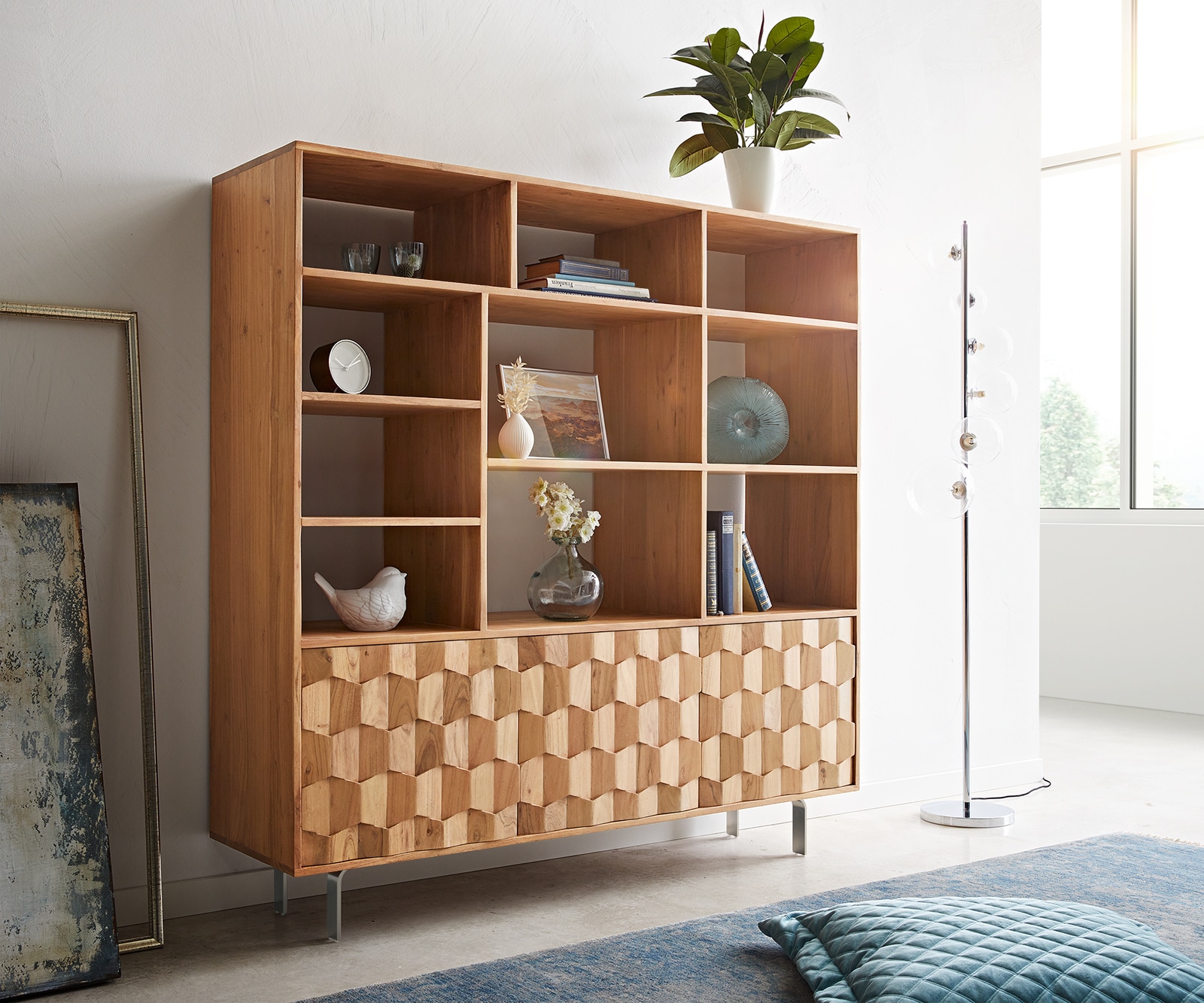 Étagère Fevo 147x150 cm Acacia naturel 3 portes Pied en L Étagère Fevo 147x150 cm Acacia naturel 3 portes Pied en L