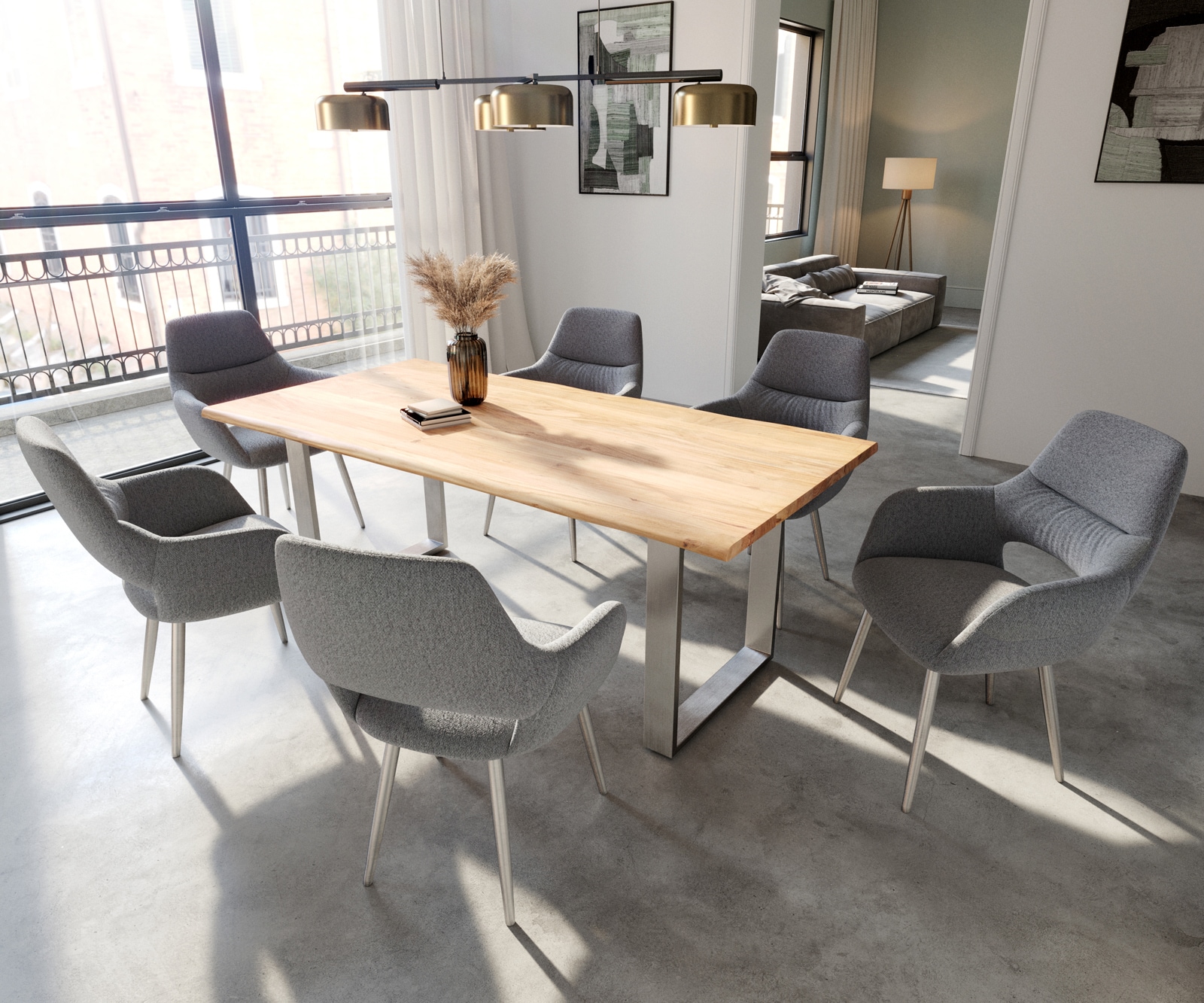 Chaise-de-salle-à-manger Yago-Flex avec accoudoirs tissu texturé gris clair 4 pieds coniques acier inoxydable brossé ressorts ensachés 3 Chaise-de-salle-à-manger Yago-Flex avec accoudoirs tissu texturé gris clair 4 pieds coniques acier inoxydable brossé ressorts ensachés 3