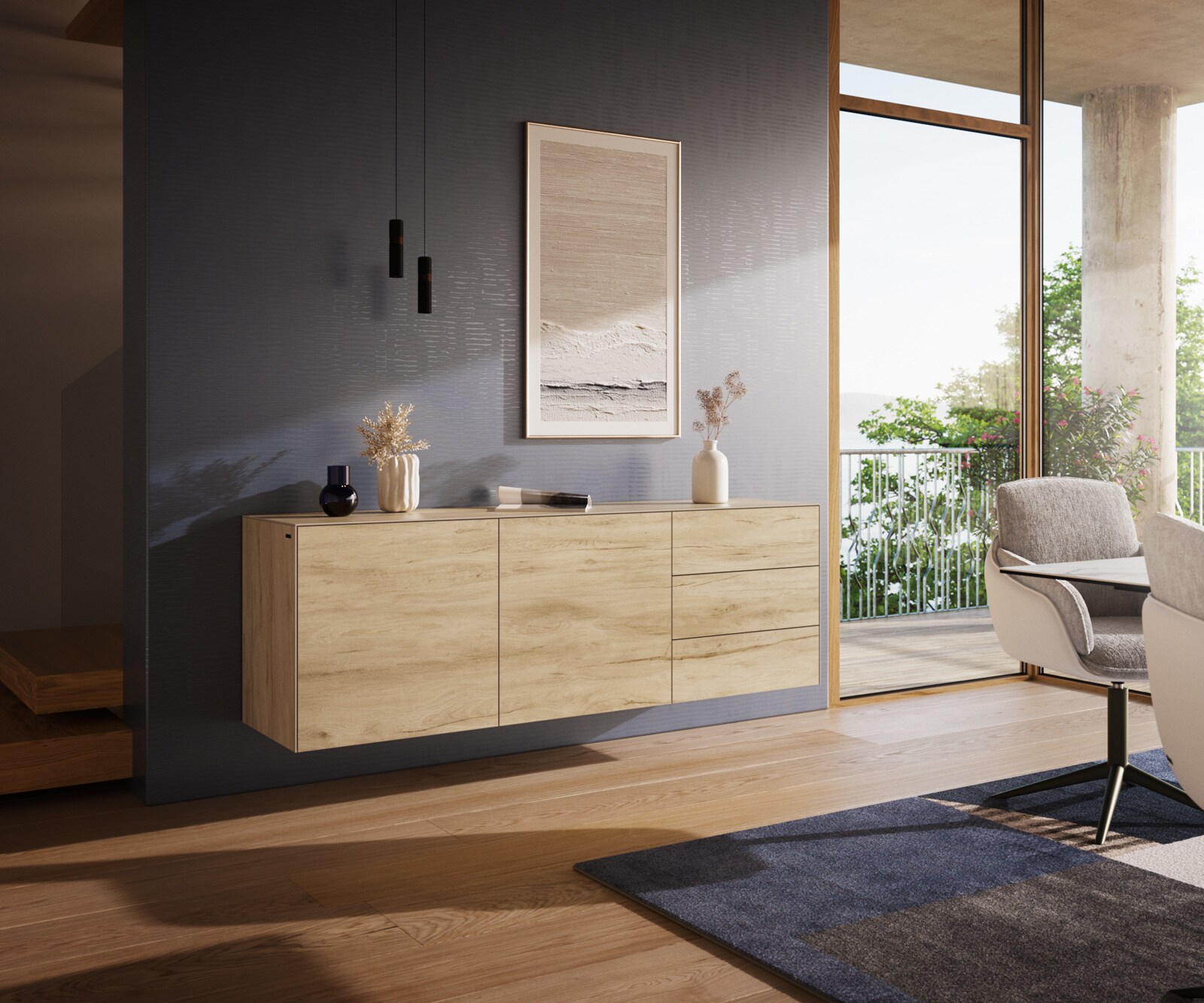 Buffet Cuor 180 cm Céramique Laminam® Sabbia Teinte chêne 2 Portes 3 Tiroirs Flottant 1