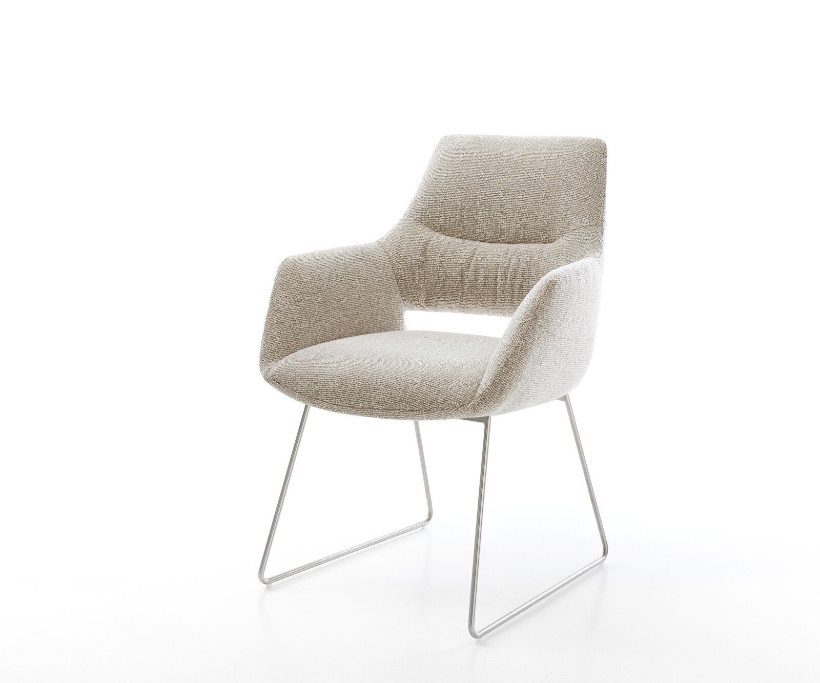 Chaise-de-salle-à-manger Yago-Flex avec accoudoirs tissu tissé doux beige pied trapèze acier inoxydable resorts ensachés 1