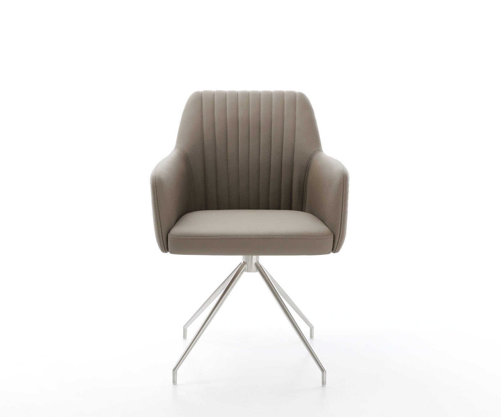 Chaise-de-salle-à-manger Greg-Flex cuir de vache couleur boue pied croisé conique acier inoxydable brossé ressorts ensachés 1