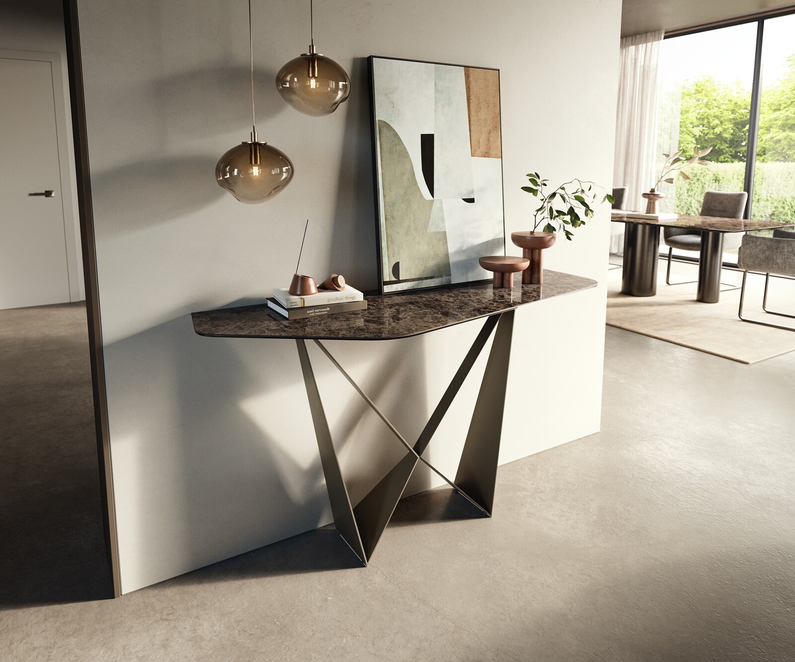 Console Edge Polygonal 140x50 cm Céramique Emperador Extra Lucidato Dunkelbraun Spios Métal Effektfinish Titan 3