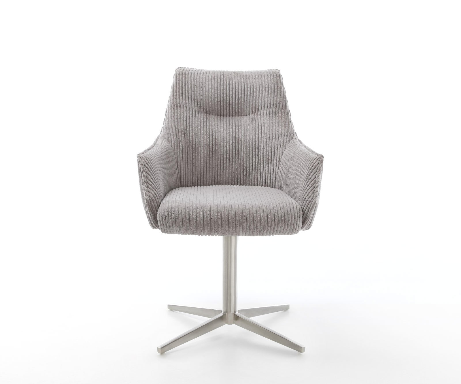 Chaise-pivotante Alja-Flex avec accoudoirs côtelé gris argenté pied de chaise 4 branches acier inoxydable brossé pivotement sur 360° ressorts ensachés 1 Chaise-pivotante Alja-Flex avec accoudoirs côtelé gris argenté pied de chaise 4 branches acier inoxydable brossé pivotement sur 360° ressorts ensachés 1