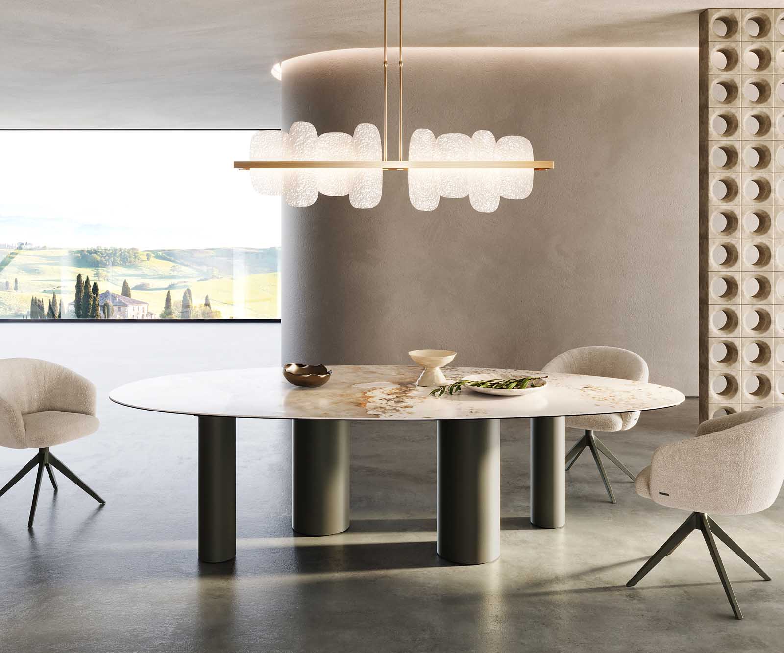 Table à manger Edge Oval 280x130 Céramique Minas Melange Blanc-Beige Pilier Métal Effet Titane 1
