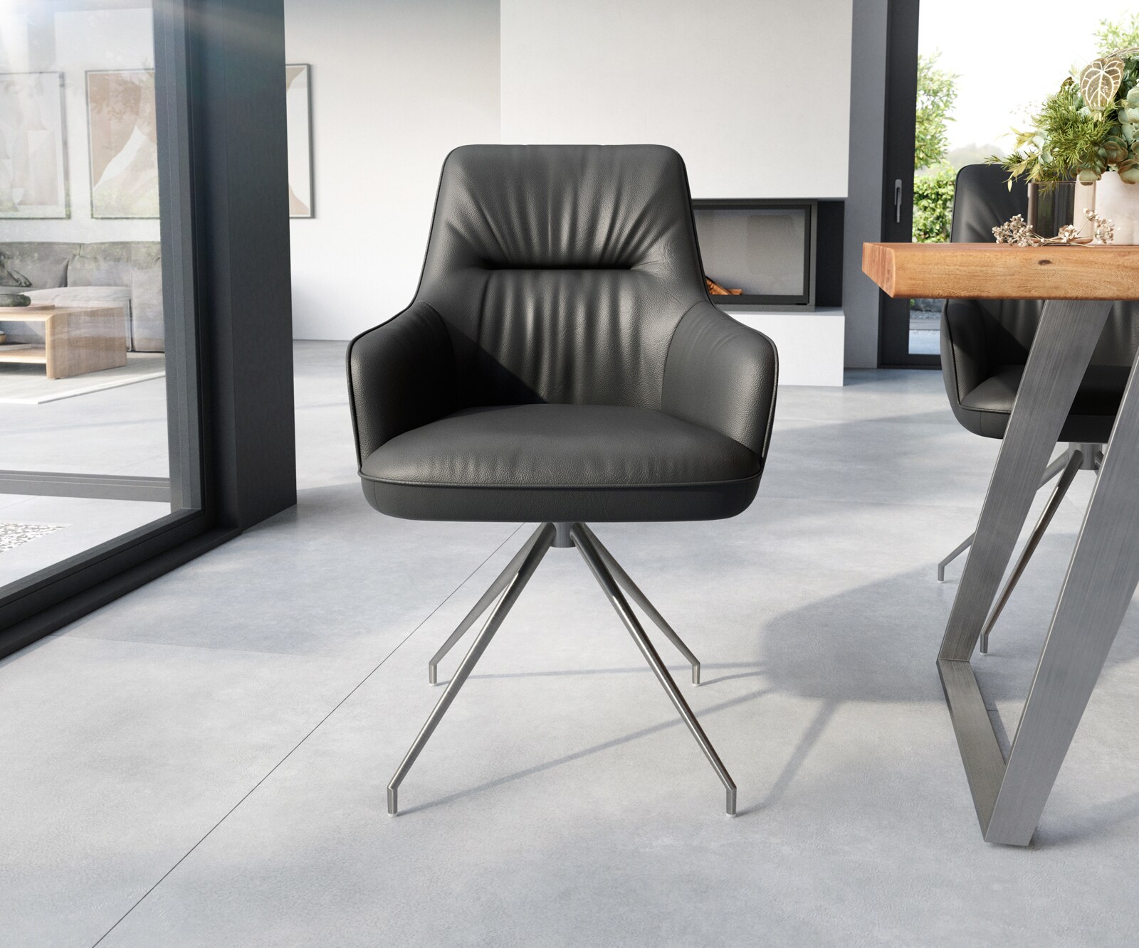 Chaise-de-salle-à-manger Zelia-Flex avec accoudoirs cuir de vache noir pied croisé conique acier inoxydable brossé ressorts ensachés 1