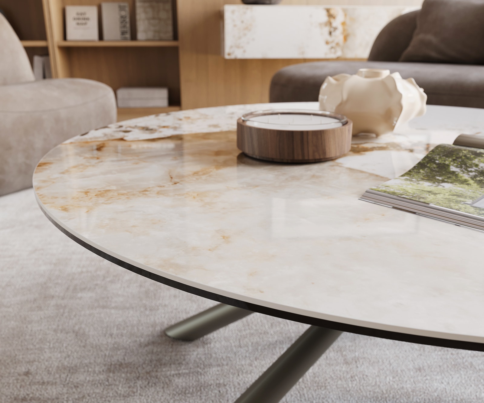 Table basse Edge rond 100x100 cm céramique Minas Melange Sarity Metall finition effet titane 6