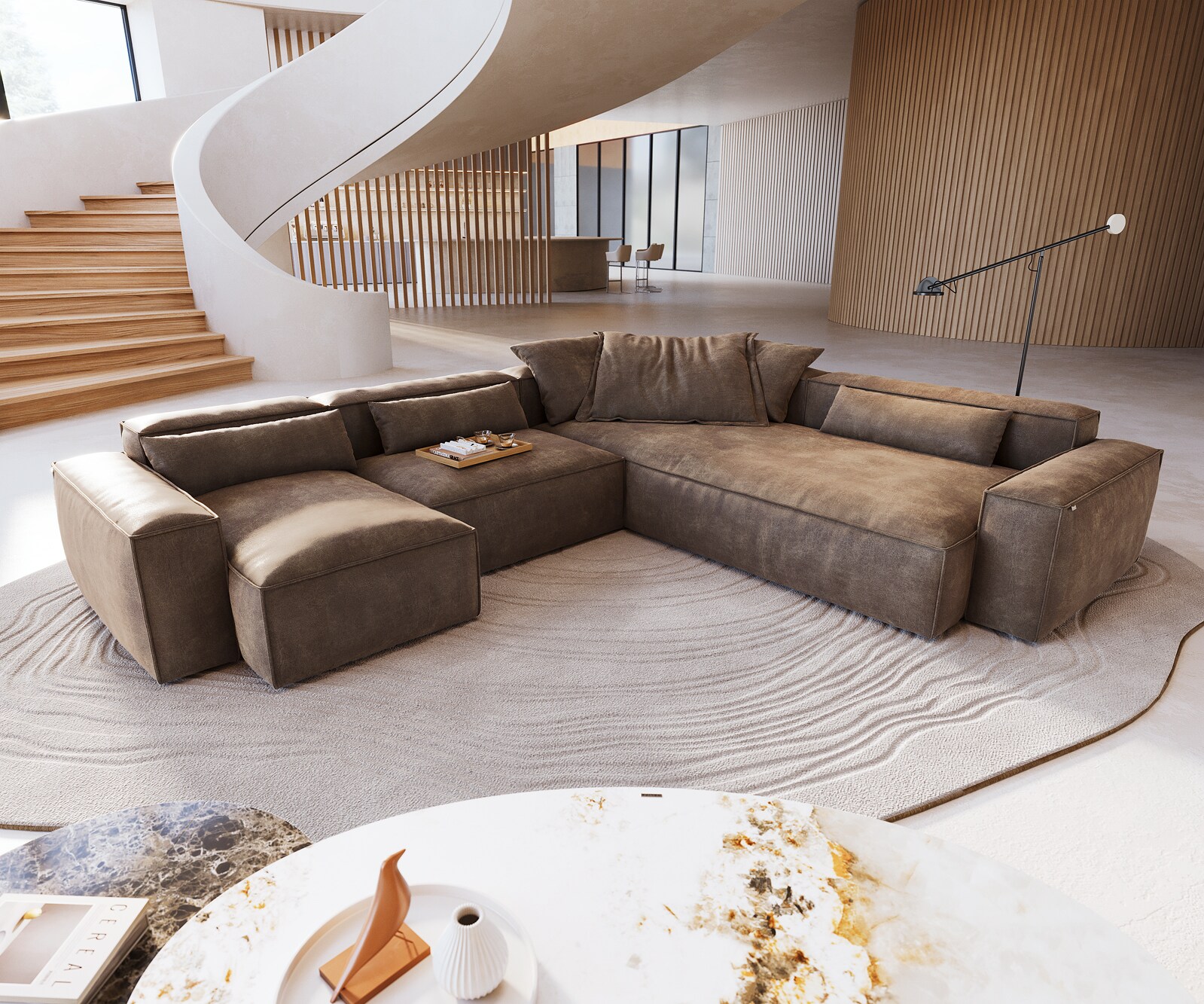 Canapé panoramique Freestyle 360x290 cm Tissu microfibre Taupe Vintage couture passepoilée