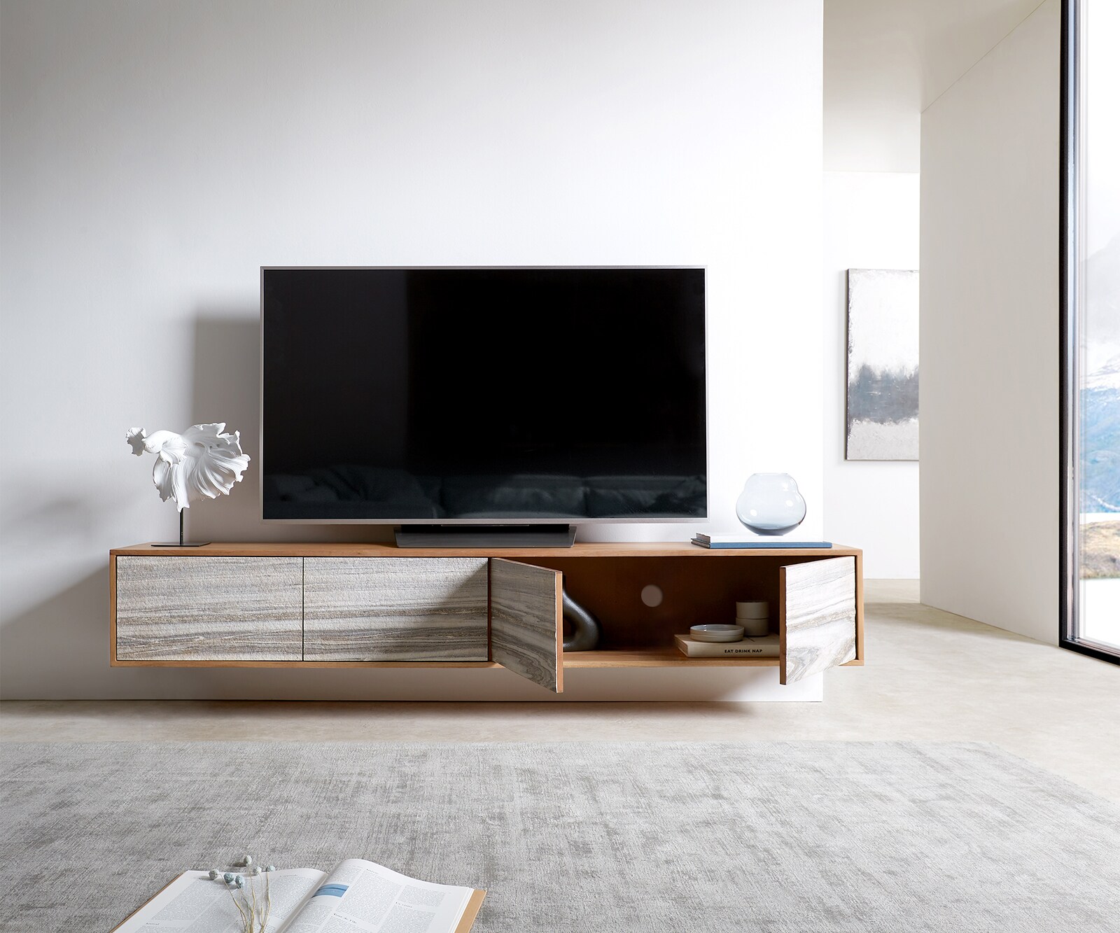 Meuble-TV Kleo 200 cm acacia naturel 4 portes flottantes 6