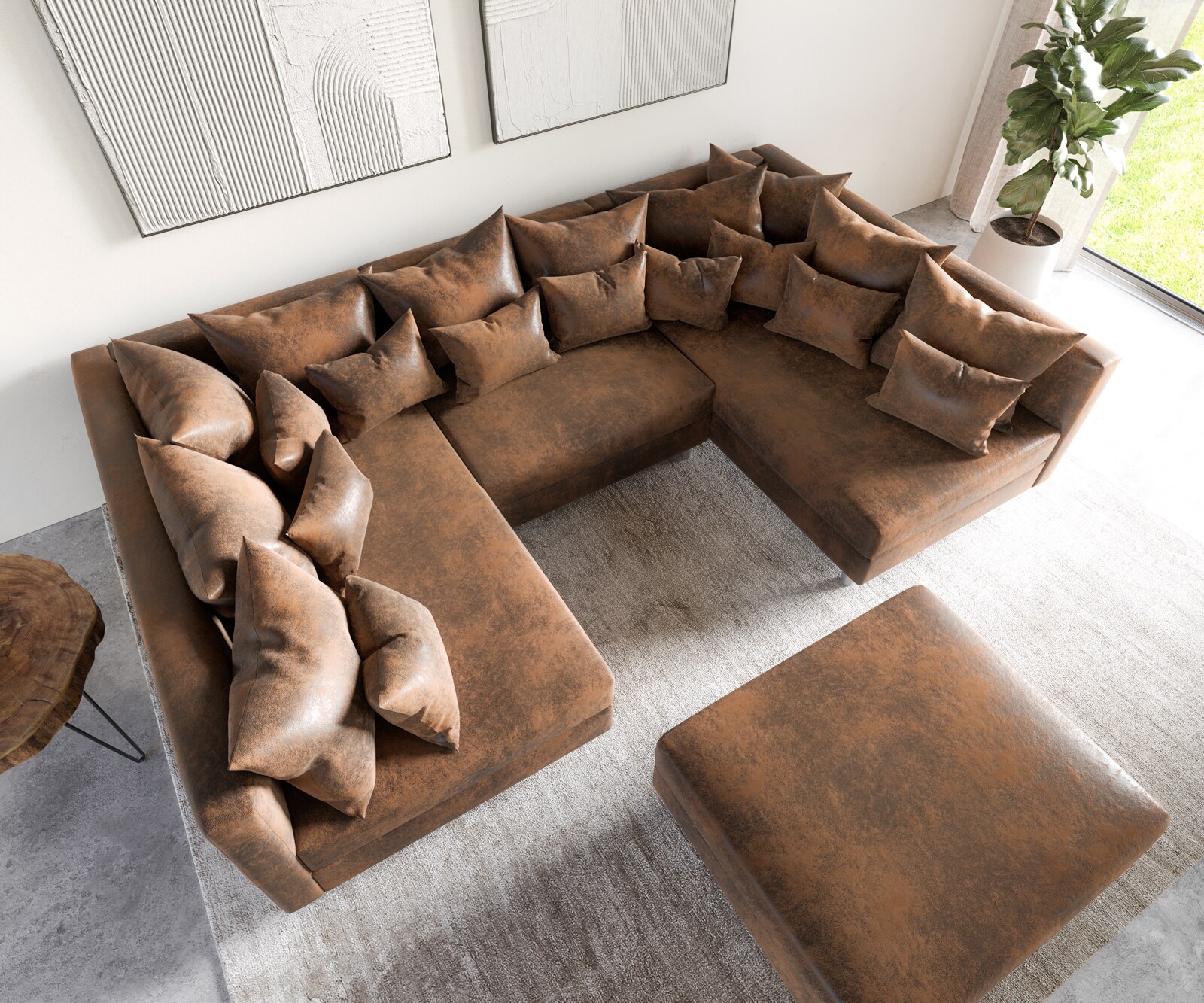 Canapé-Panoramique Clovis Marron look Vintage modulable avec Tabouret  3