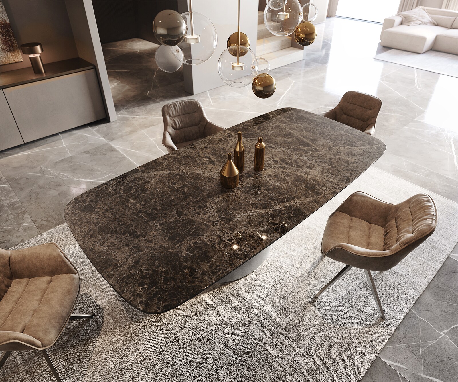 Table à manger Edge Boot 240x120 céramique Laminam® Emperador Extra Lucidato marron foncé Cono métallique argent 4