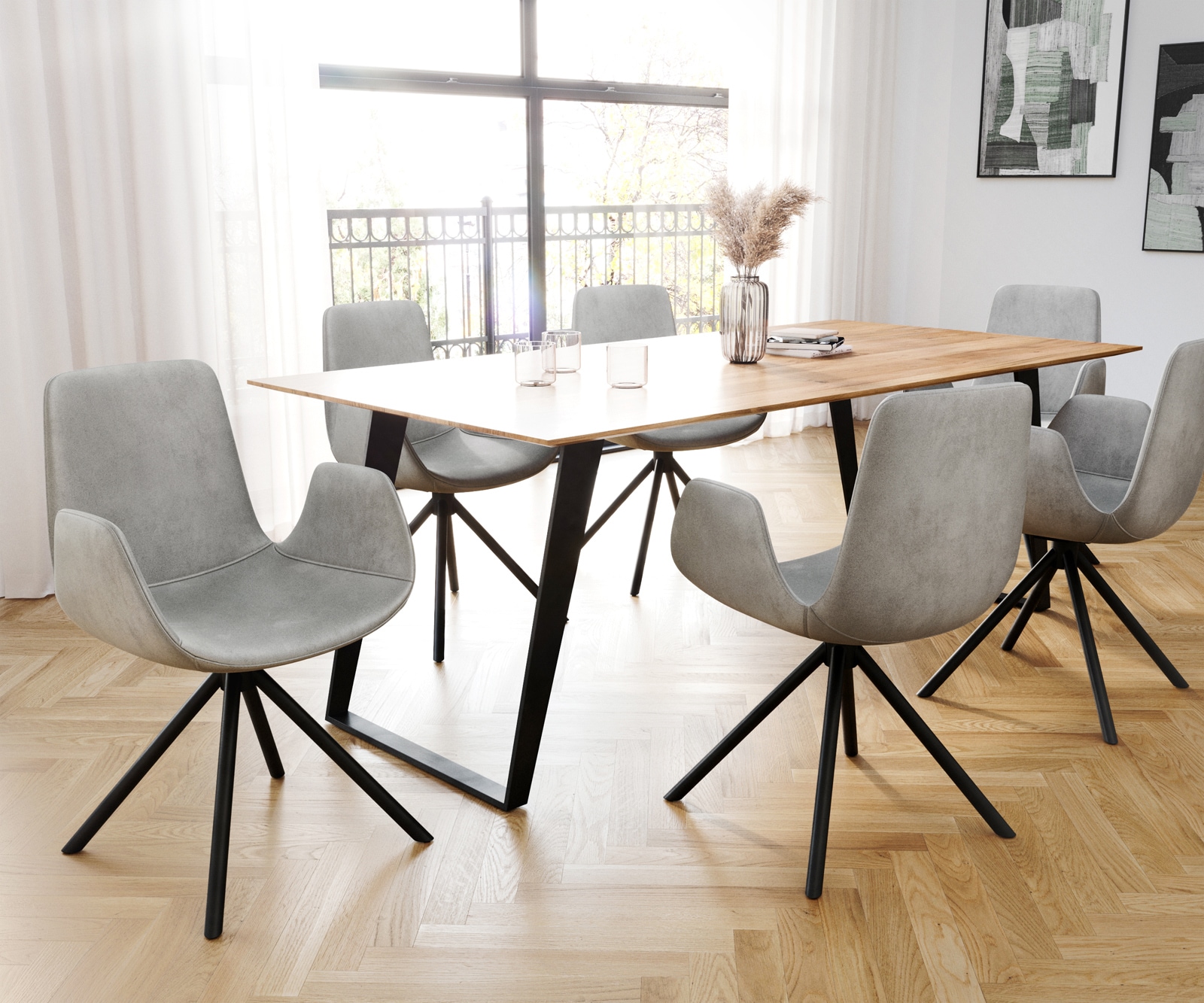 Chaise-de-salle-à-manger Ilia-Flex avec accoudoirs velours gris pied croisé conique noir 3 Chaise-de-salle-à-manger Ilia-Flex avec accoudoirs velours gris pied croisé conique noir 3