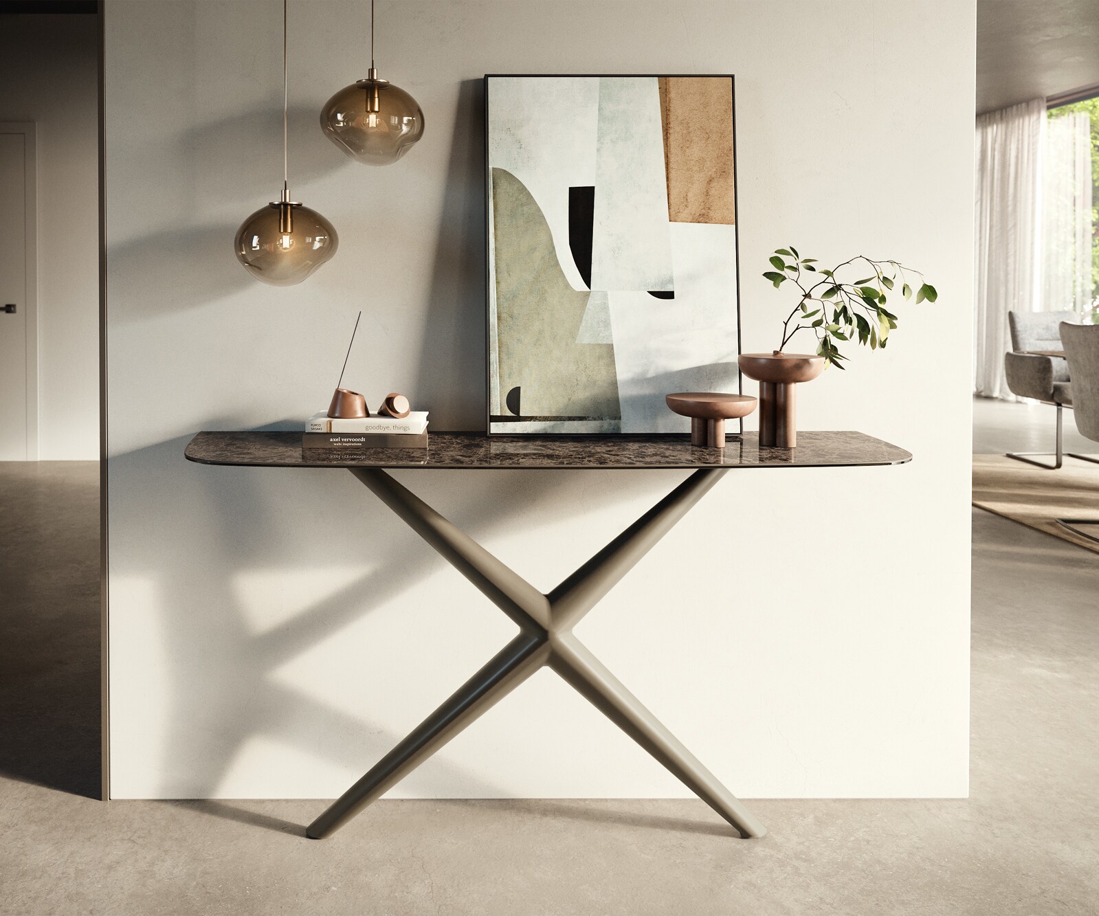 Console Edge forme bateau 140x40 cm Céramique Emperador Extra Lucidato Dunkelbraun Estelo Métal Effektfinish Titan