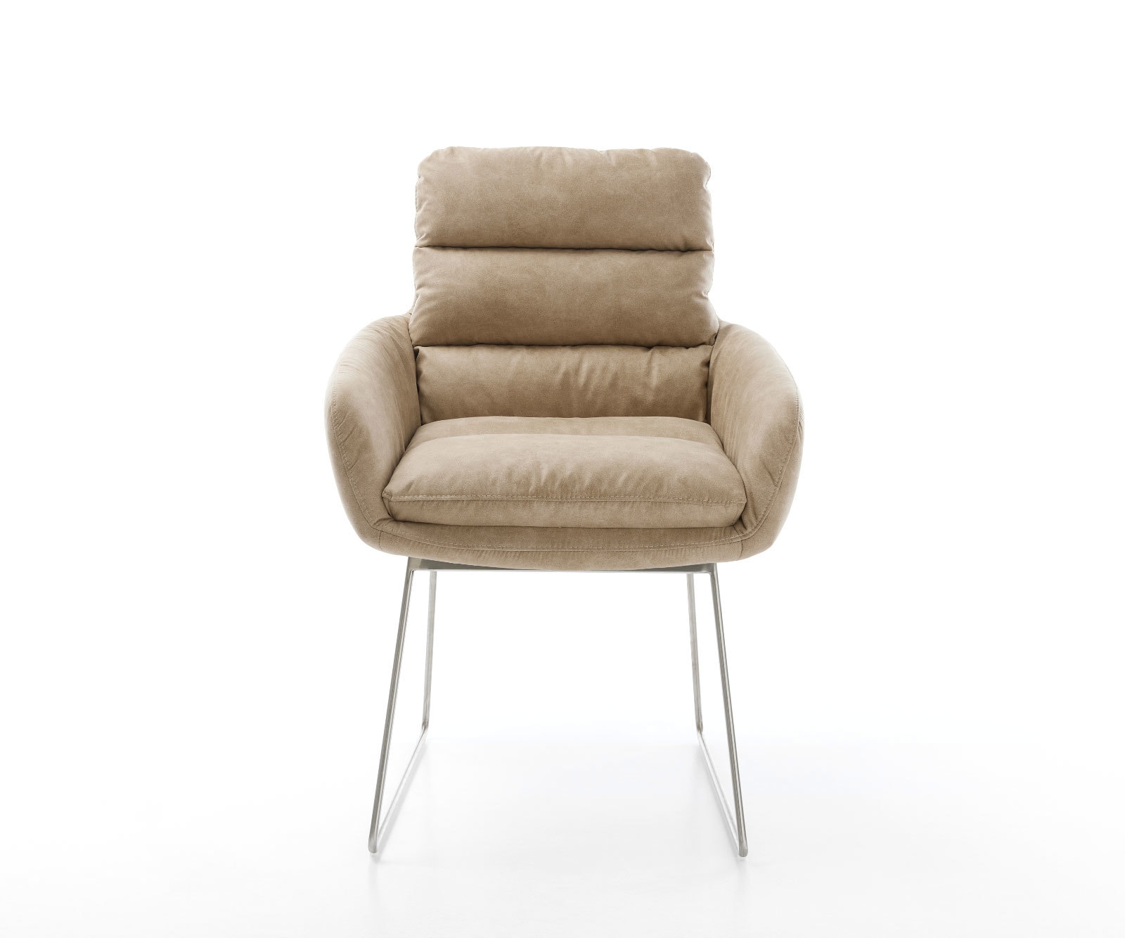 Chaise-de-salle-à-manger Abelia-Flex avec accoudoirs microvelours beige vintage pied trapèze acier inoxydable brossé 1 Chaise-de-salle-à-manger Abelia-Flex avec accoudoirs microvelours beige vintage pied trapèze acier inoxydable brossé 1