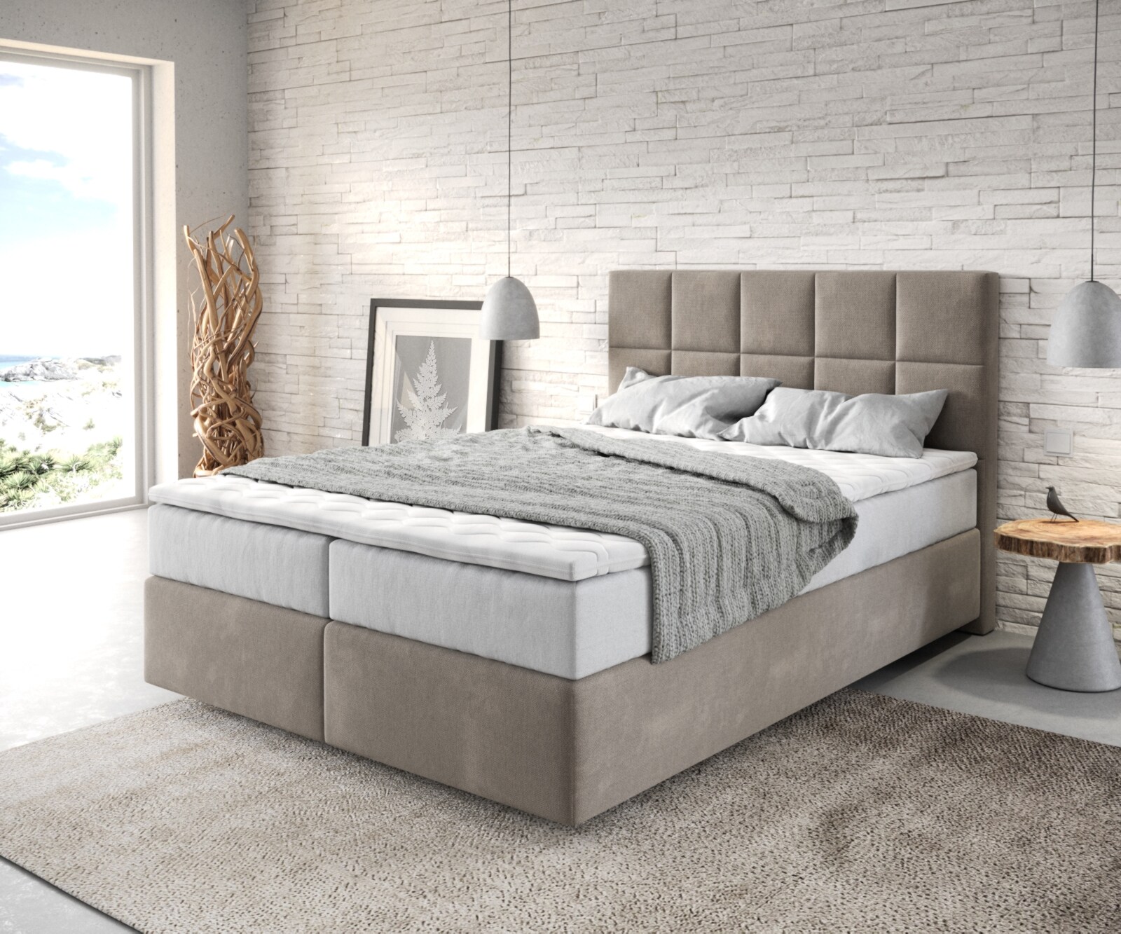 Lit-à-sommier-tapissier  Dream-Fine 140x200 cm Microfibre Beige avec matelas TFK et surmatelas viscoélastique 3