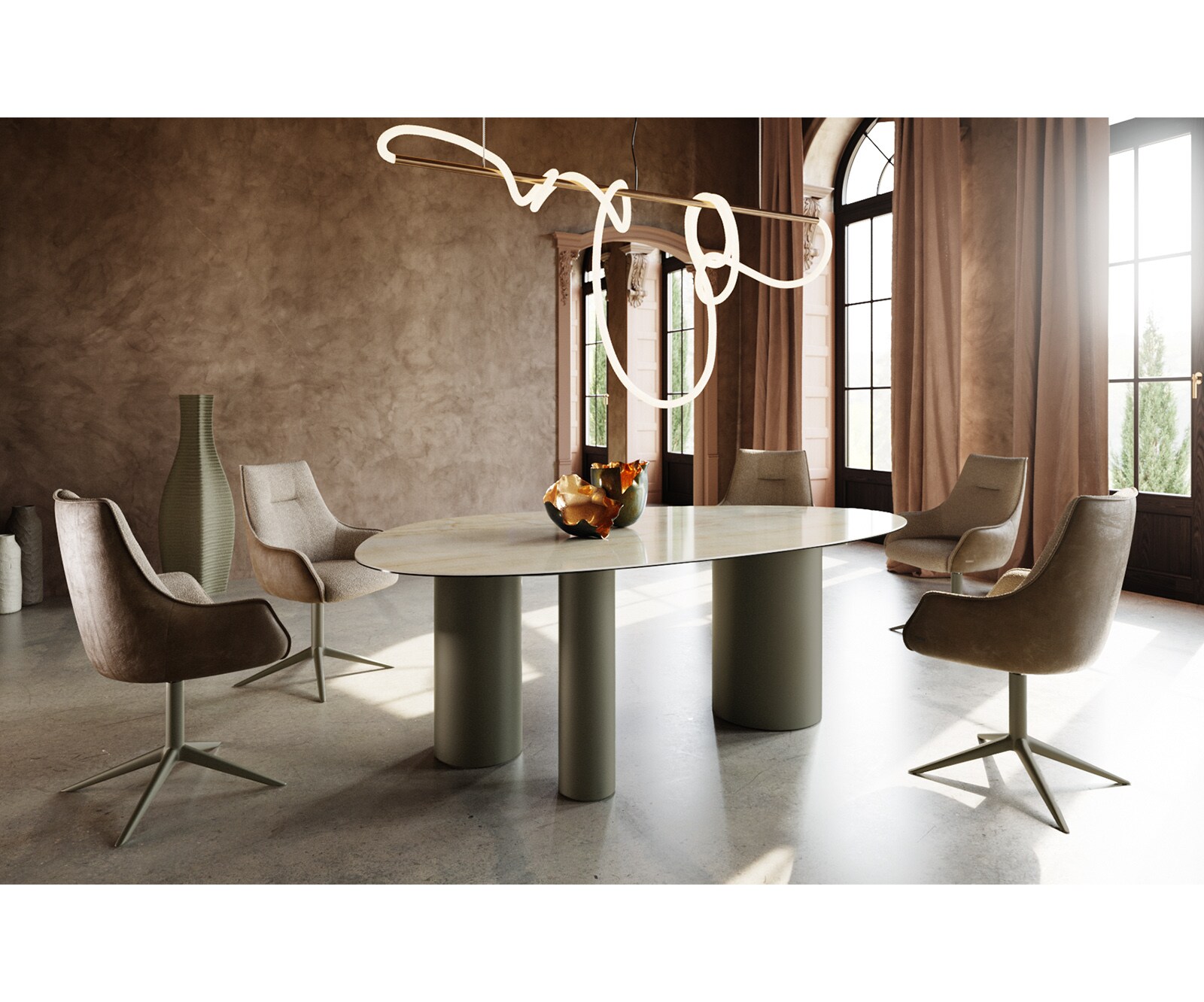 Table à manger Edge ovalee 220x120 céramique Iris FMG Onice Oro Troa métal effet finition titanee 5