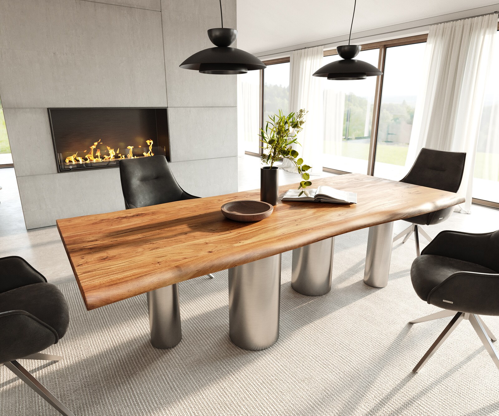 Table à manger Edge 240x100 Acacia Nature Pilier Acier inoxydable brossé Live-Edge