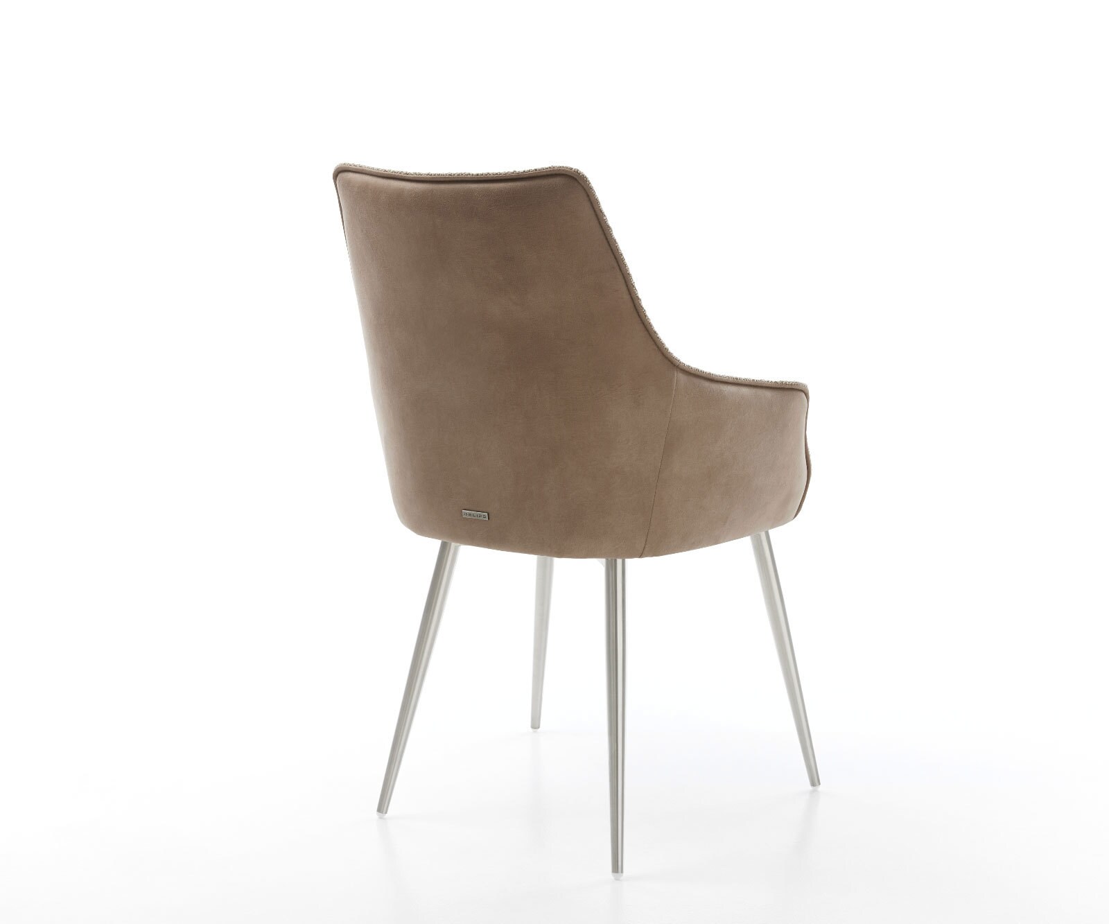Chaise-de-salle-à-manger Alja-Flex avec accoudoirs tissu mixte couleur boue 4 pieds coniques acier inoxydable brossé ressorts ensachés 5