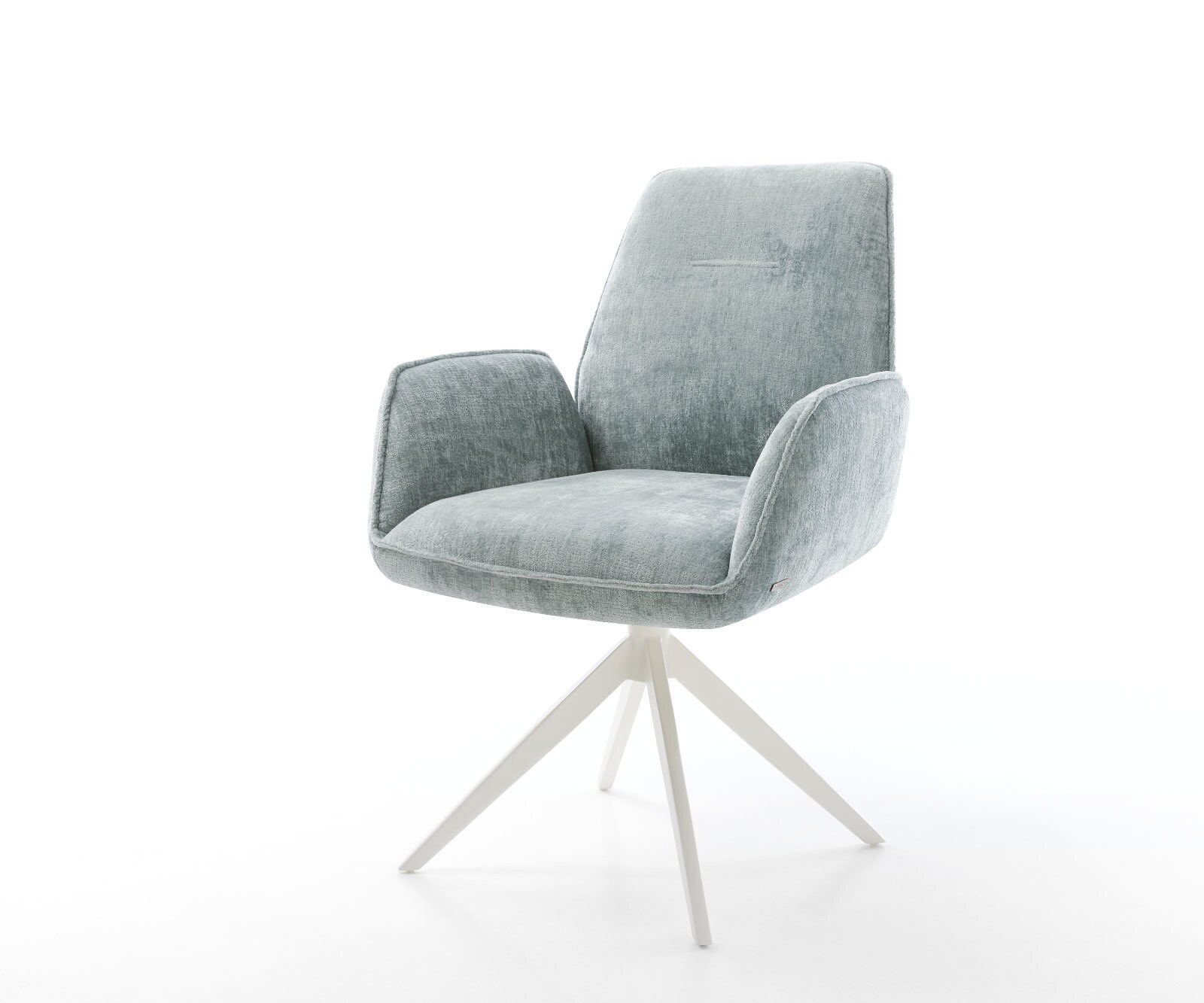 Chaise-pivotante Zoa-Flex chenille bleu pastel pied croisé large blanc pivotement sur 360° fonction bascule ressorts ensachés