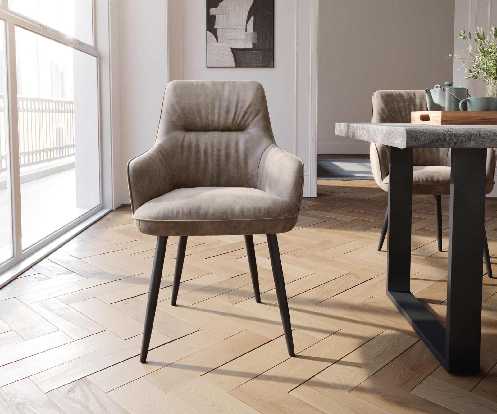 Chaise-de-salle-à-manger Zelia-Flex avec accoudoirs microvelours taupe vintage 4 pieds coniques noir ressorts ensachés 2