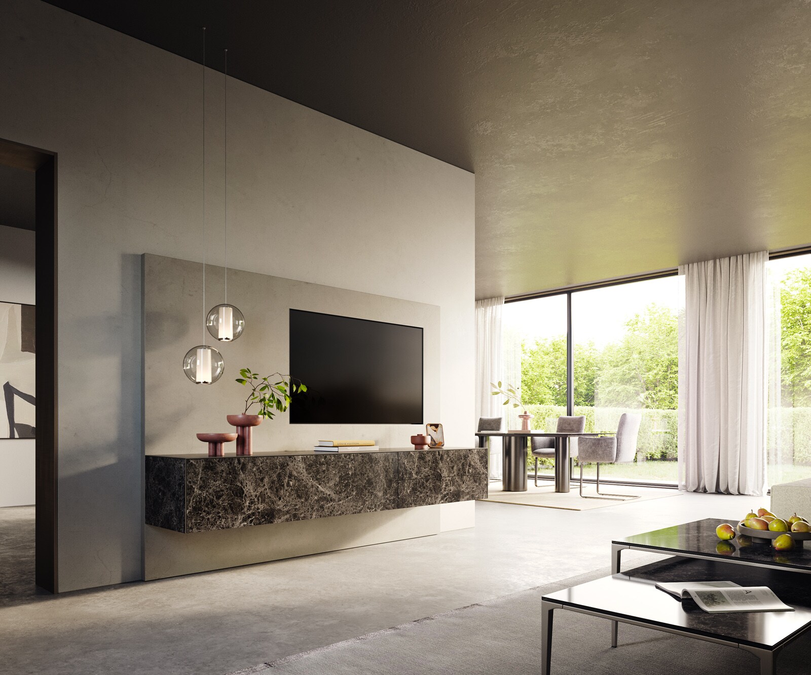 Meuble-TV Cuor 220 cm Céramique Laminam® Emperador Extra Lucidato brun foncé 1 Clapet 2 Tiroirs Flottant 7