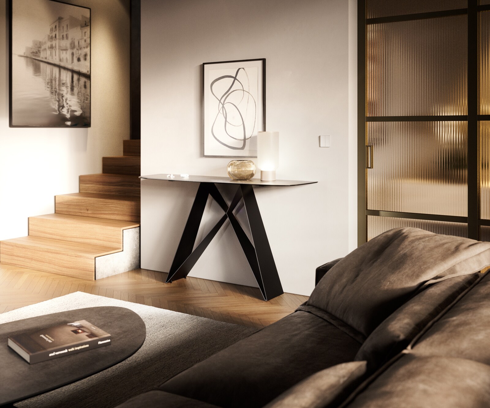Console Edge forme bateau 140x40 cm Céramique Gris béton Velio Métal Noir 7