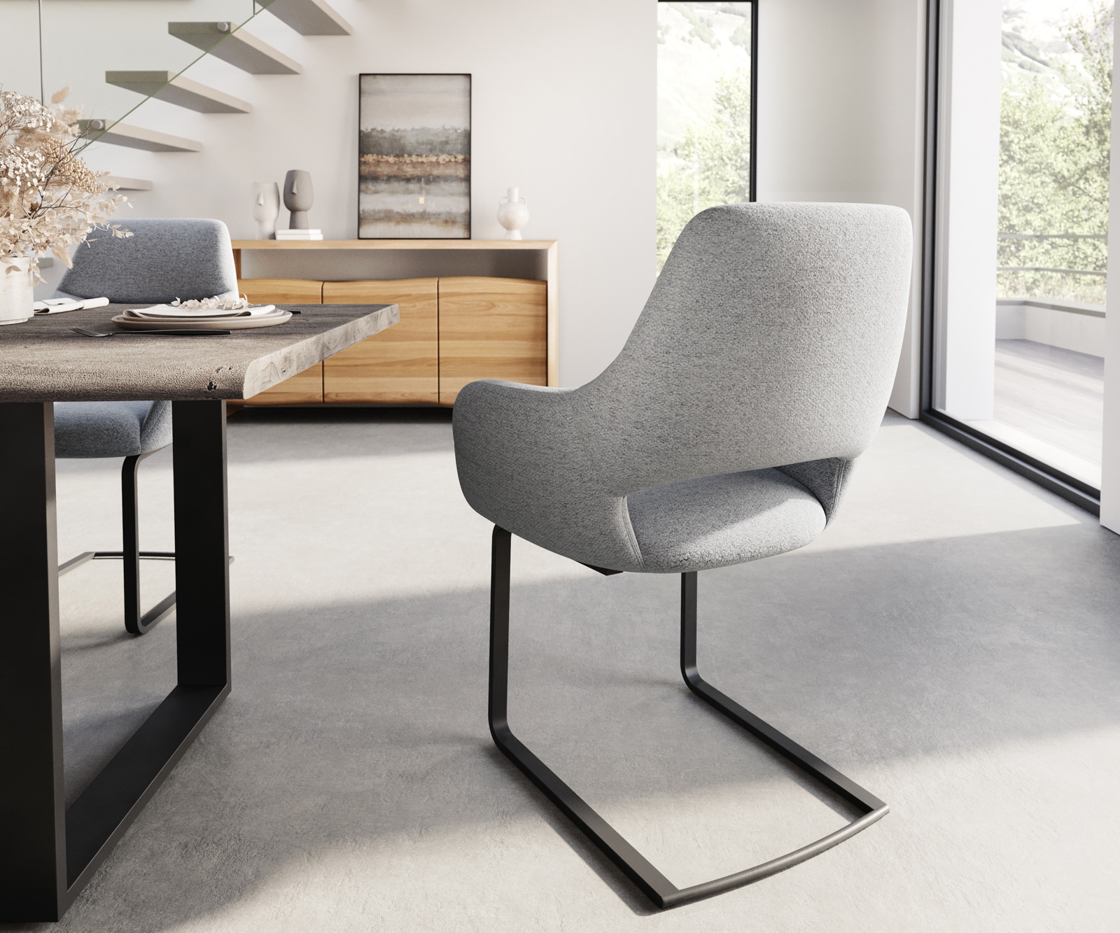 Cantilever Yago-Flex avec accoudoirs tissu texturé gris clair pied cantilever plat noir ressorts ensachés 4 Cantilever Yago-Flex avec accoudoirs tissu texturé gris clair pied cantilever plat noir ressorts ensachés 4