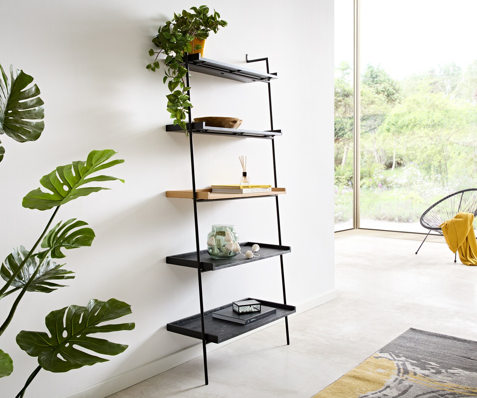 Bibliothèque Mikkusu 80x185 cm Bambou Naturel Manguier Noir 5 étagères Métal Noir