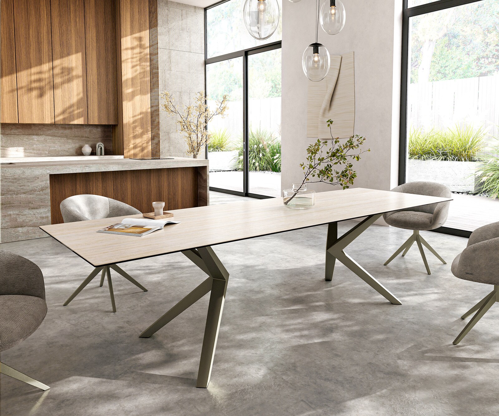Table à manger Edge 300x100 céramique Laminam® Travertino Bianco crème-blanc Zenthara Angulaire métal effet finition titanee