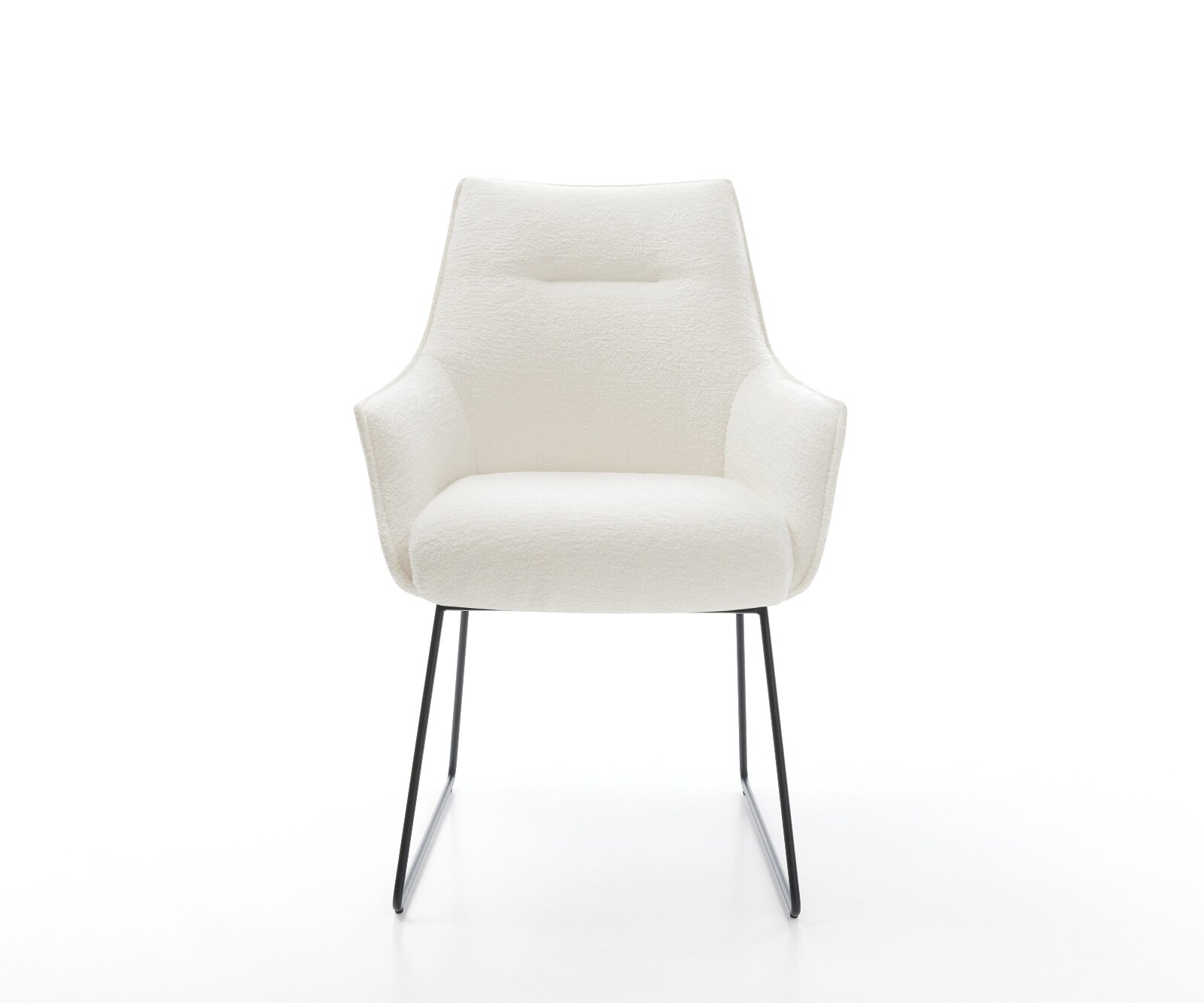 Chaise-de-salle-à-manger Alja-Flex avec accoudoirs bouclé doux beige pied trapèze noir resorts ensachés 1