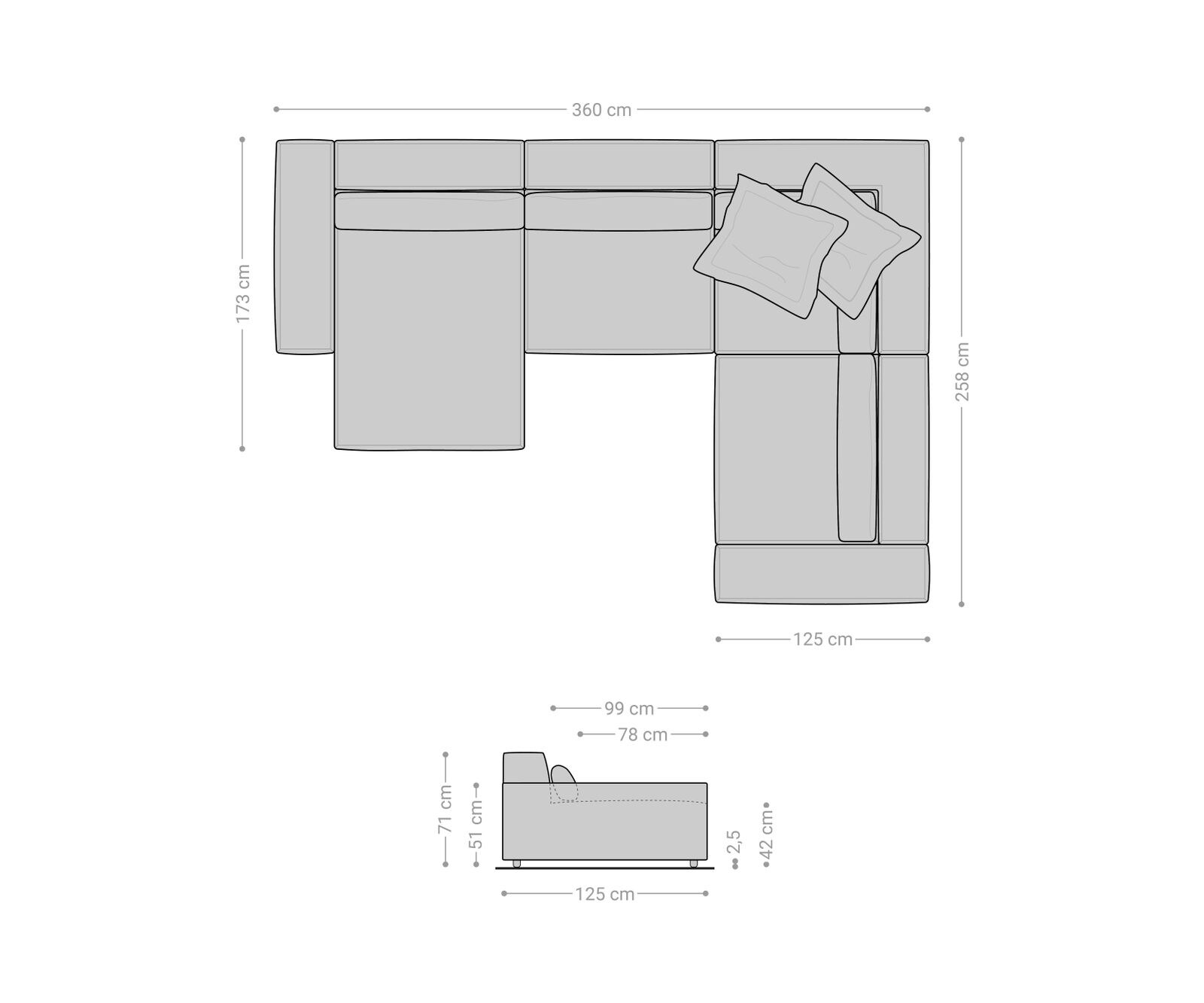Canapé panoramique Sirpio XL 360x260 cm velours côtelé Beige Recamière variable 9