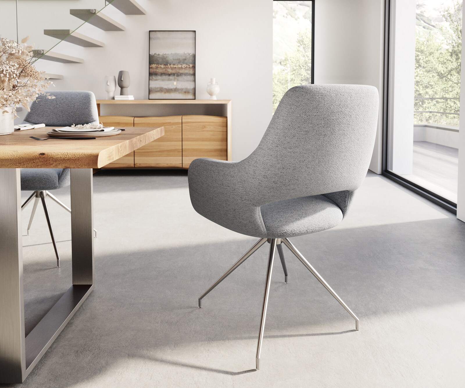 Chaise-de-salle-à-manger Yago-Flex avec accoudoirs tissu texturé gris clair pied croisé conique acier inoxydable brossé ressorts ensachés 4 Chaise-de-salle-à-manger Yago-Flex avec accoudoirs tissu texturé gris clair pied croisé conique acier inoxydable brossé ressorts ensachés 4