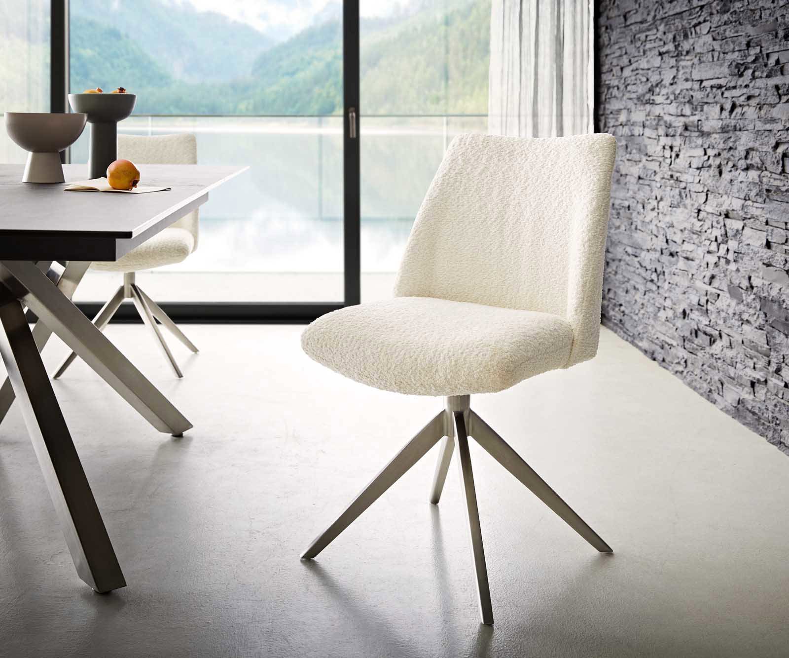 Chaise-pivotante Elso-Flex bouclé blanc pied croisé large acier inoxydable brossé pivotement sur 360° ressorts ensachés