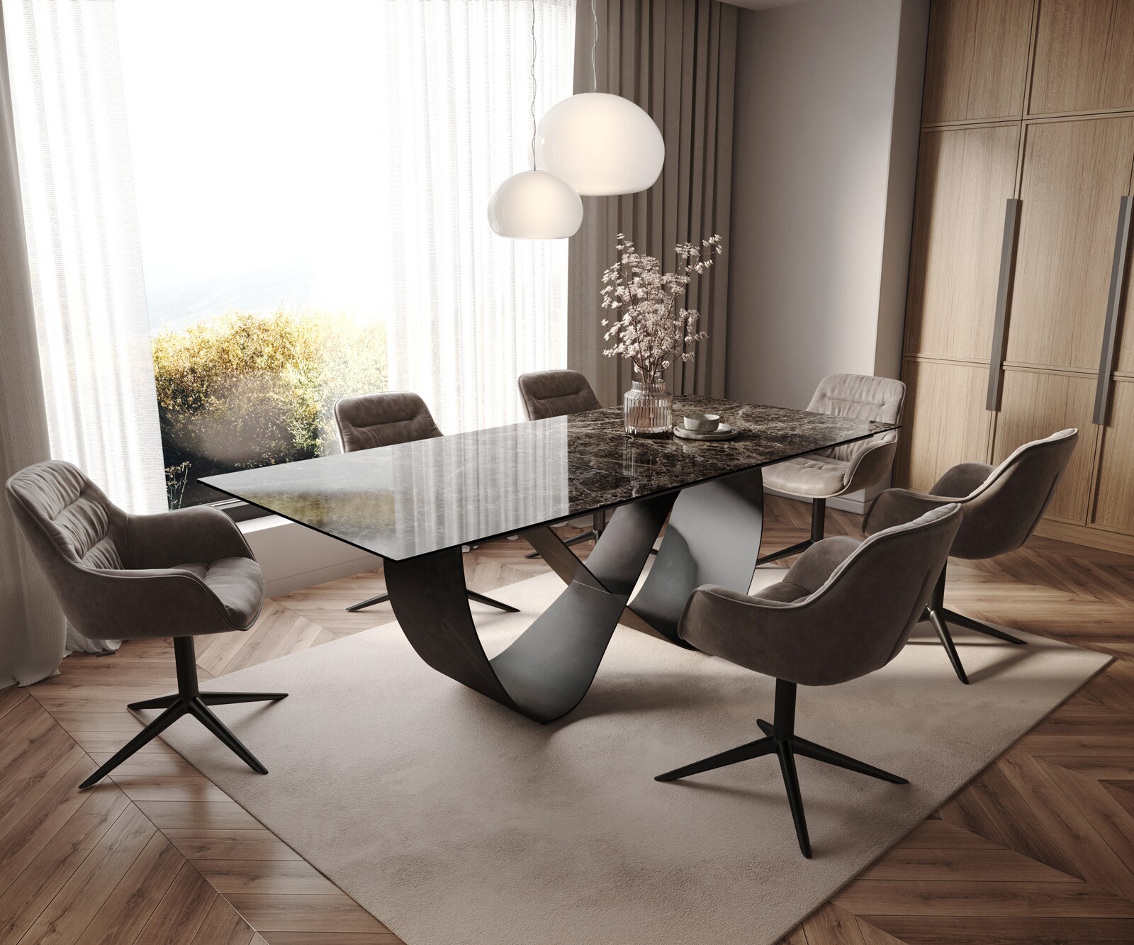 Table de salle à manger Edge Céramique Emperador Extra Lucidato Brun foncé 180-220x100 Infinity Métal Noir extensible 6
