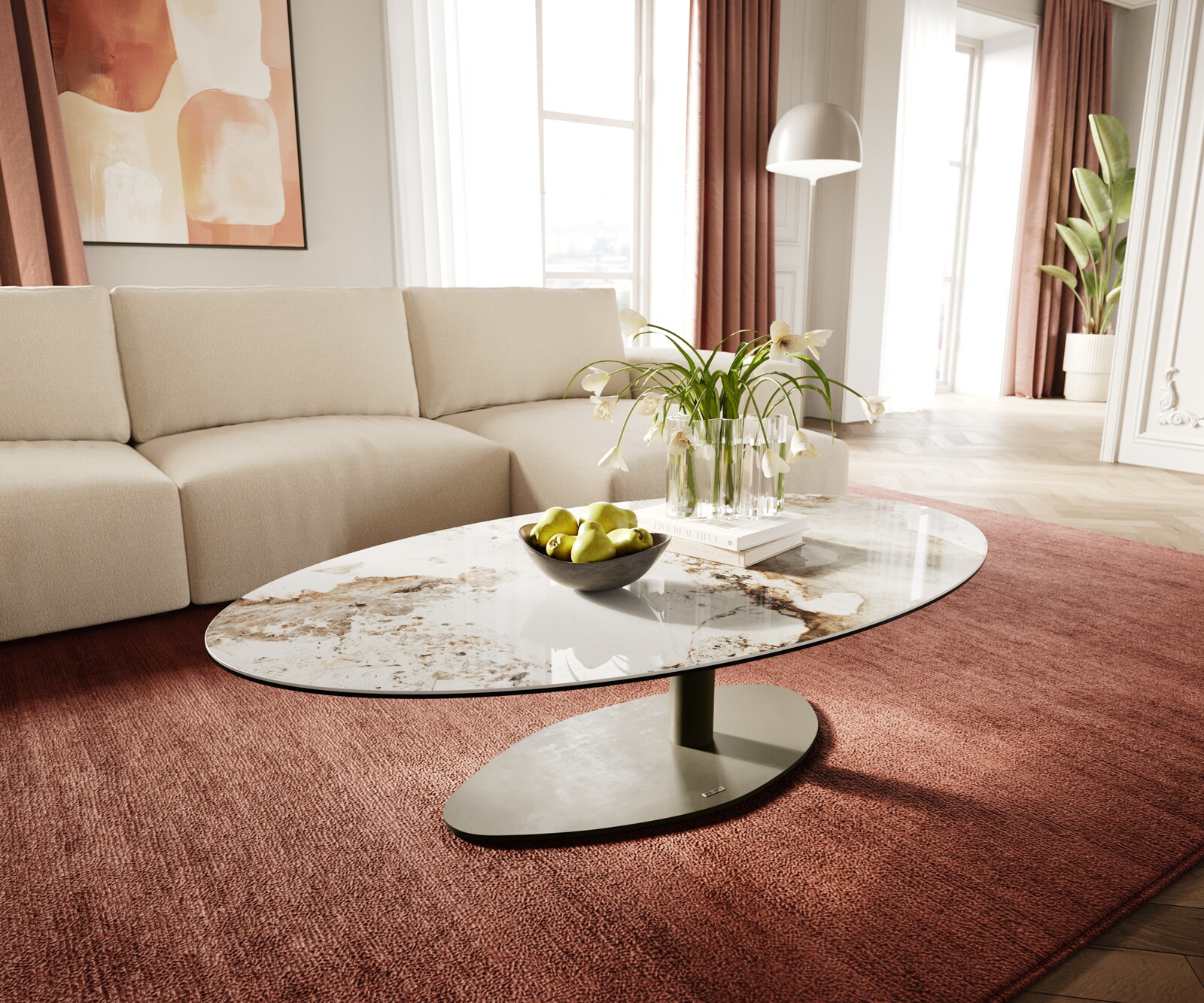 Table basse Edge Oval 140x80 cm céramique Minas Melange Vibany Metall finition effet titane 1