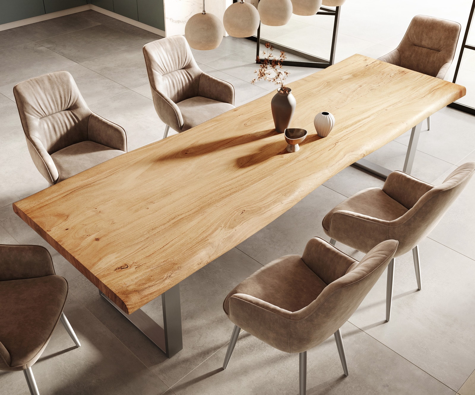 Table-à-manger Edge 300x100 XL acacia nature acier inoxydable mince Live-Edge 5