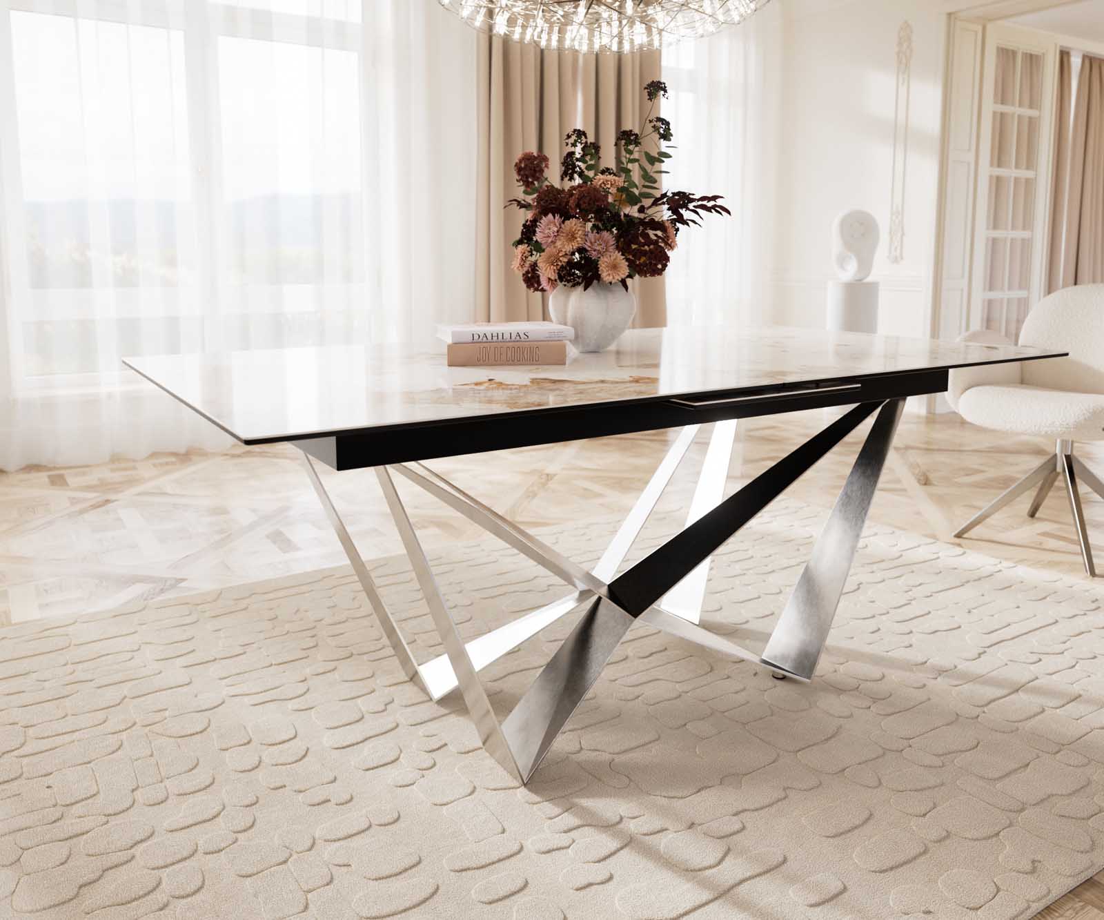Table à manger Edge 180-220x100 céramique Minas mélange blanc-beige Spider acier plat acier inoxydable extensible 6