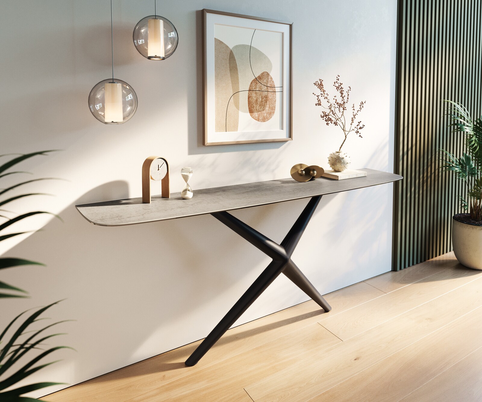 Console Edge forme bateau 180x40 cm Céramique Gris béton Estelo Métal Noir 1