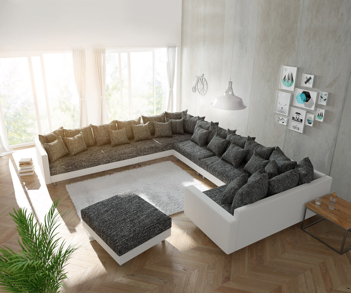 Canapé-panoramique Clovis XXL blanc noir avec tabouret et accoudoirs poufs gauche Canapé-panoramique Clovis XXL blanc noir avec tabouret et accoudoirs poufs gauche